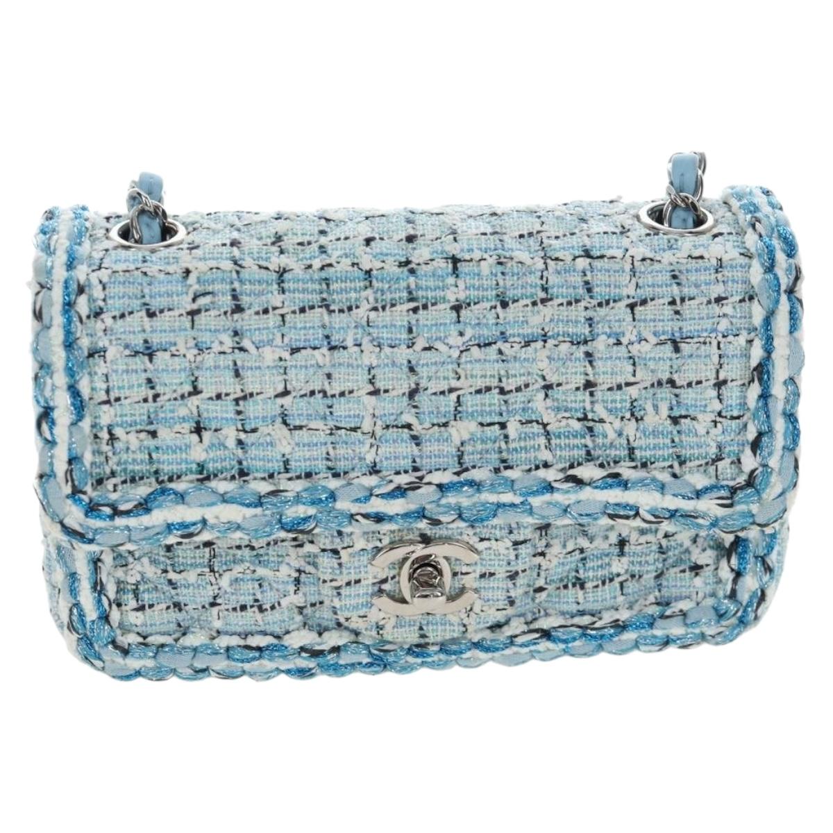 CHANEL Chain Matelasse 20 Shoulder Bag tweed Blue Silver CC Auth BA15642SM