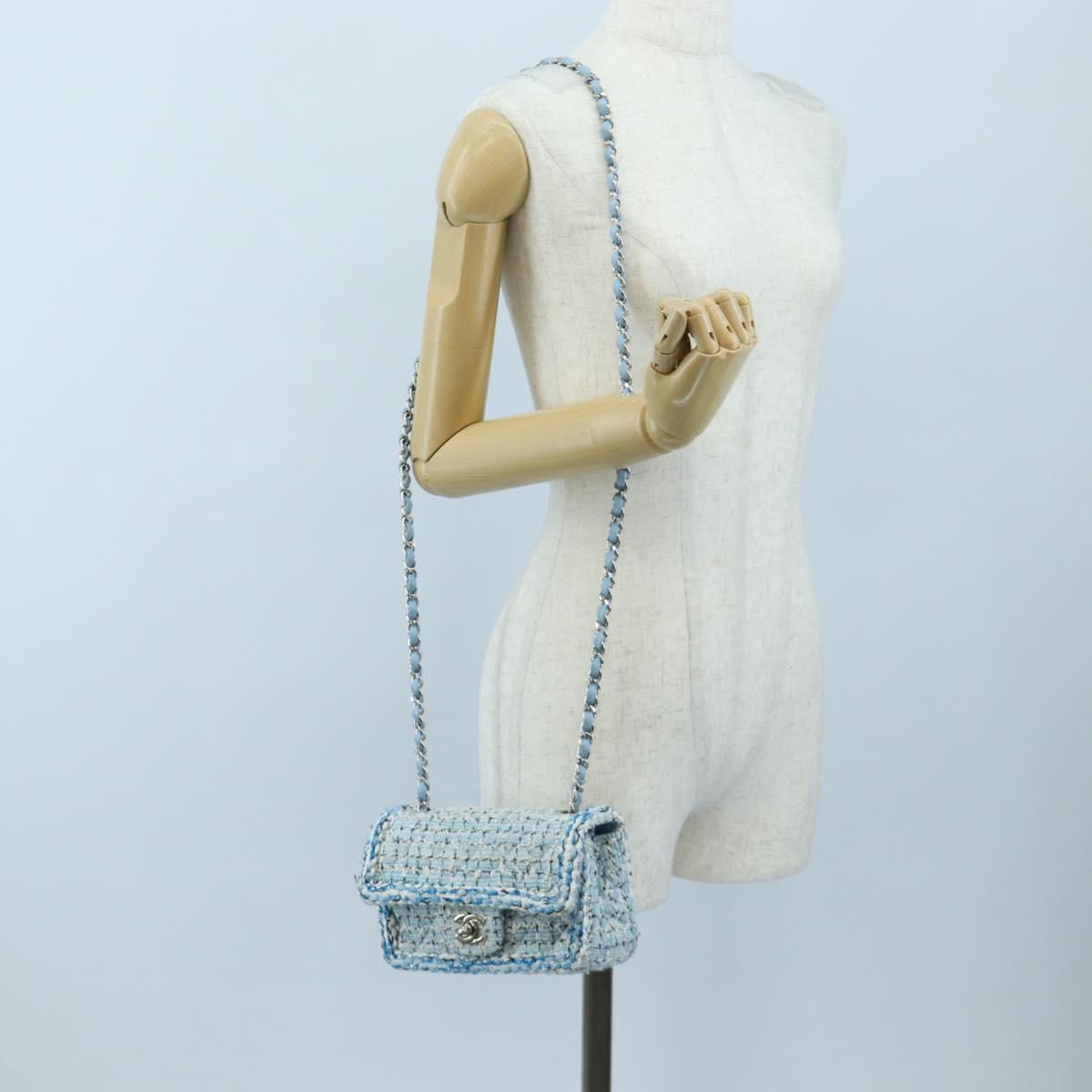 CHANEL Chain Matelasse 20 Shoulder Bag tweed Blue Silver CC Auth BA15642SM