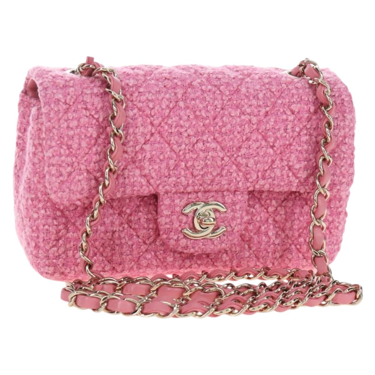 CHANEL Chain Matelasse 20 Shoulder Bag Tweed Pink Gold CC Auth BA15644SM