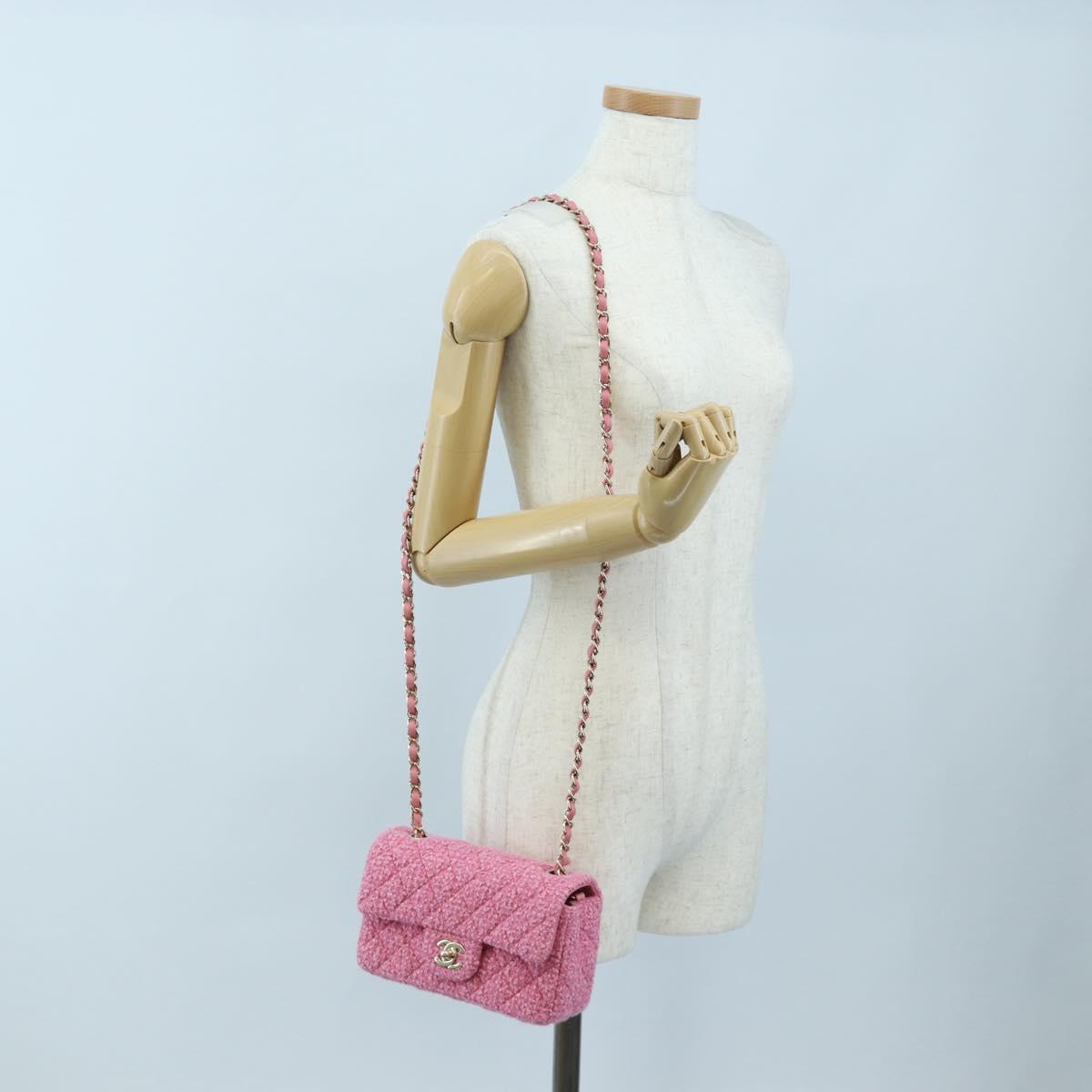 CHANEL Chain Matelasse 20 Shoulder Bag Tweed Pink Gold CC Auth BA15644SM