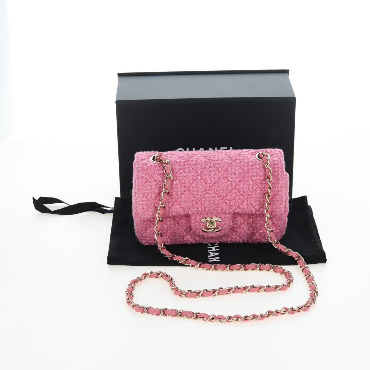 CHANEL Chain Matelasse 20 Shoulder Bag Tweed Pink Gold CC Auth BA15644SM