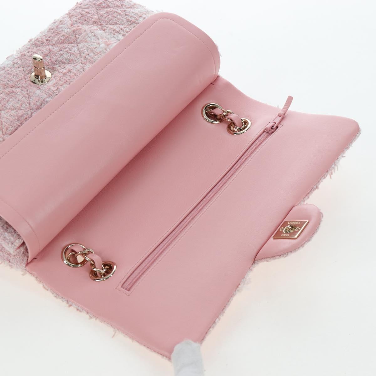 CHANEL Double Flap Chain Matelasse 25 Bag Tweed Pink Gold CC Auth BA15645SM