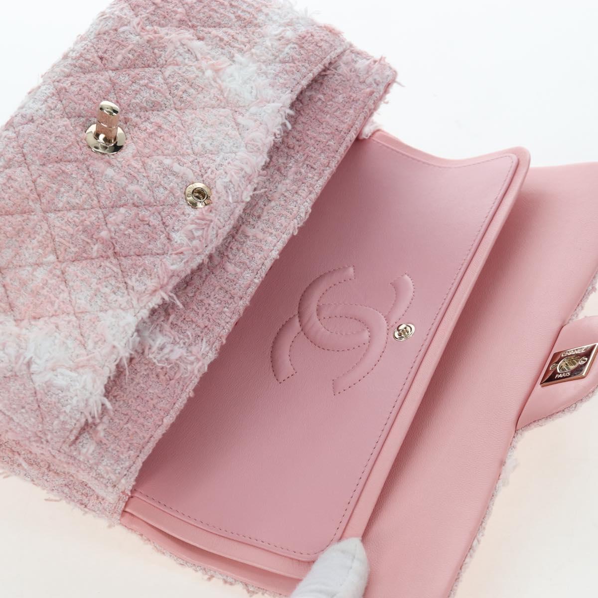 CHANEL Double Flap Chain Matelasse 25 Bag Tweed Pink Gold CC Auth BA15645SM