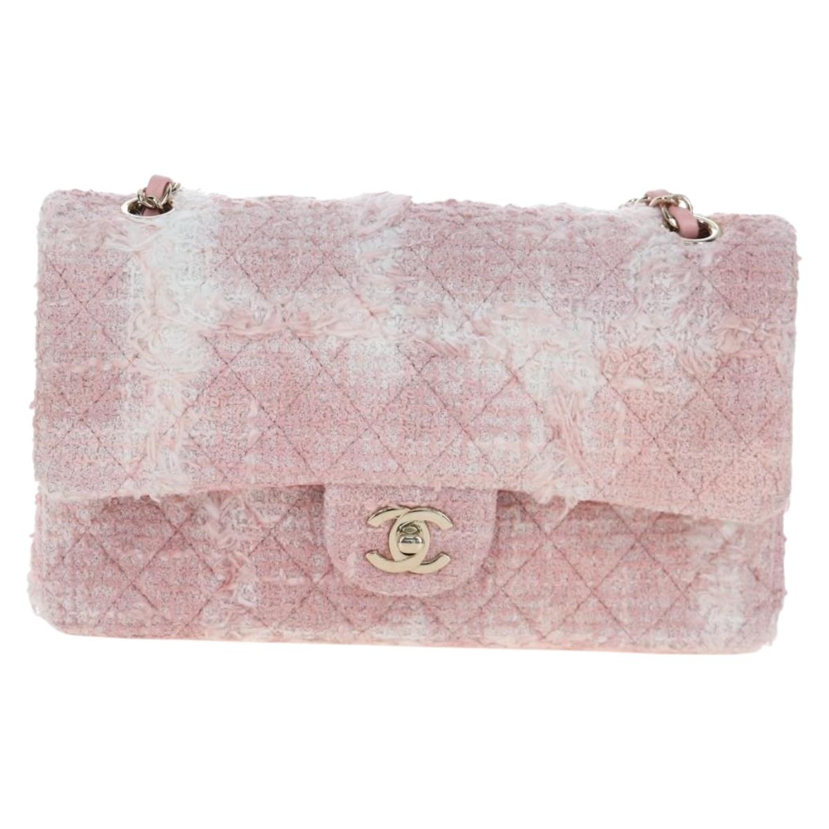 CHANEL Double Flap Chain Matelasse 25 Bag Tweed Pink Gold CC Auth BA15645SM