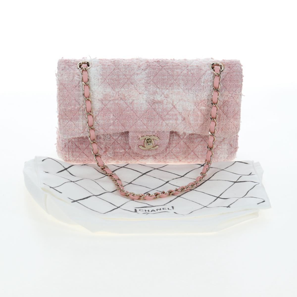 CHANEL Double Flap Chain Matelasse 25 Bag Tweed Pink Gold CC Auth BA15645SM