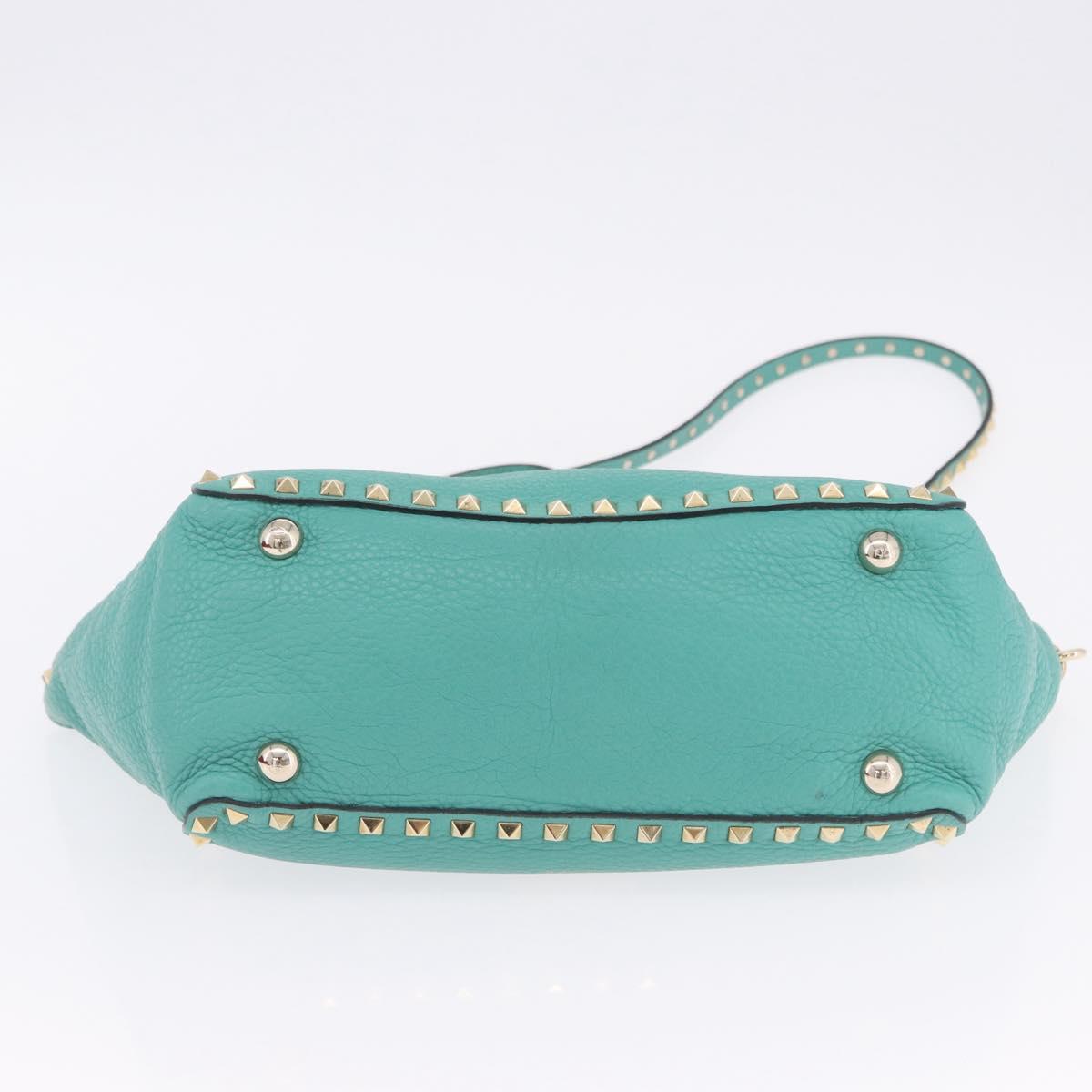VALENTINO Studs Tote Bag Leather 2way Turquoise Blue Gold Auth BA15656A