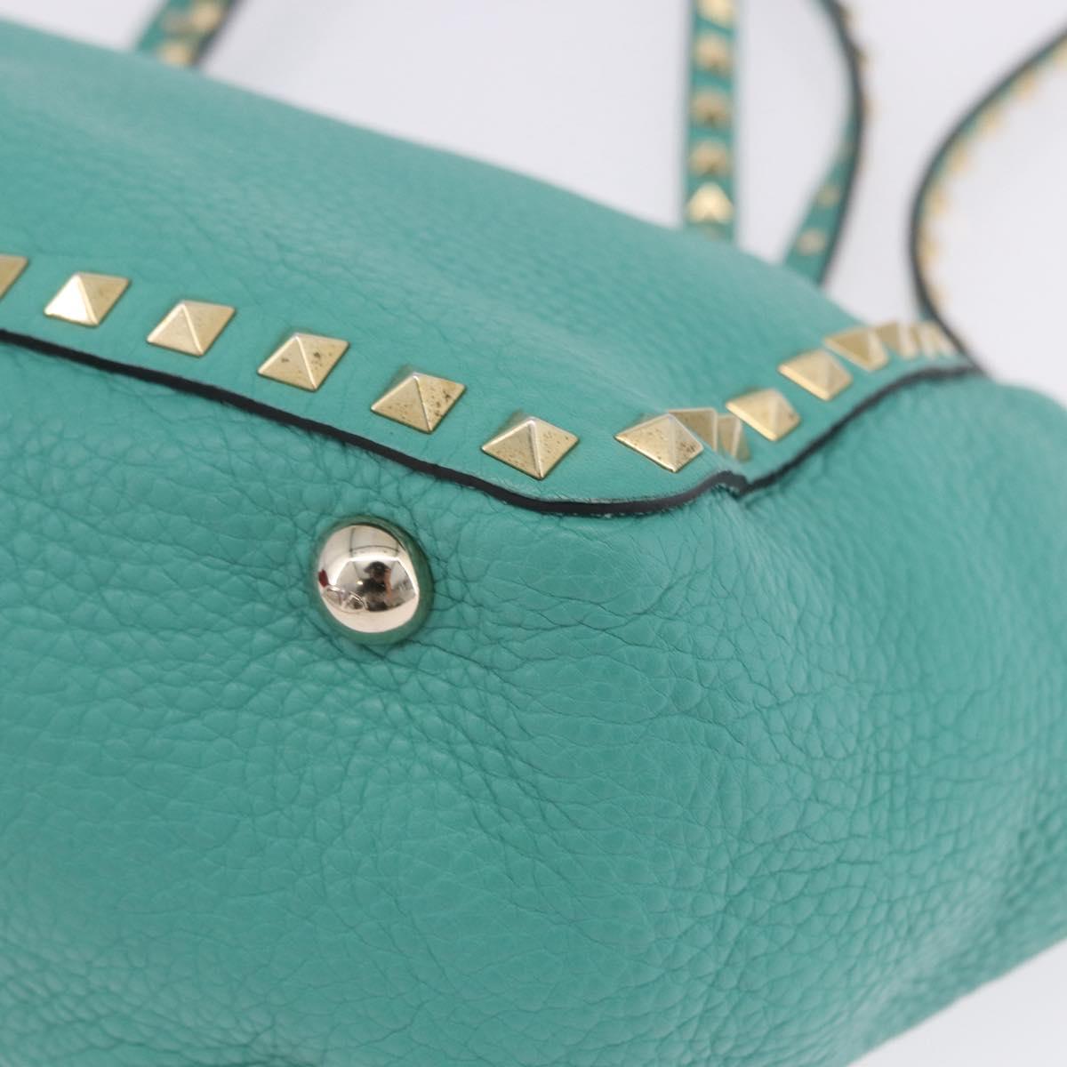 VALENTINO Studs Tote Bag Leather 2way Turquoise Blue Gold Auth BA15656A