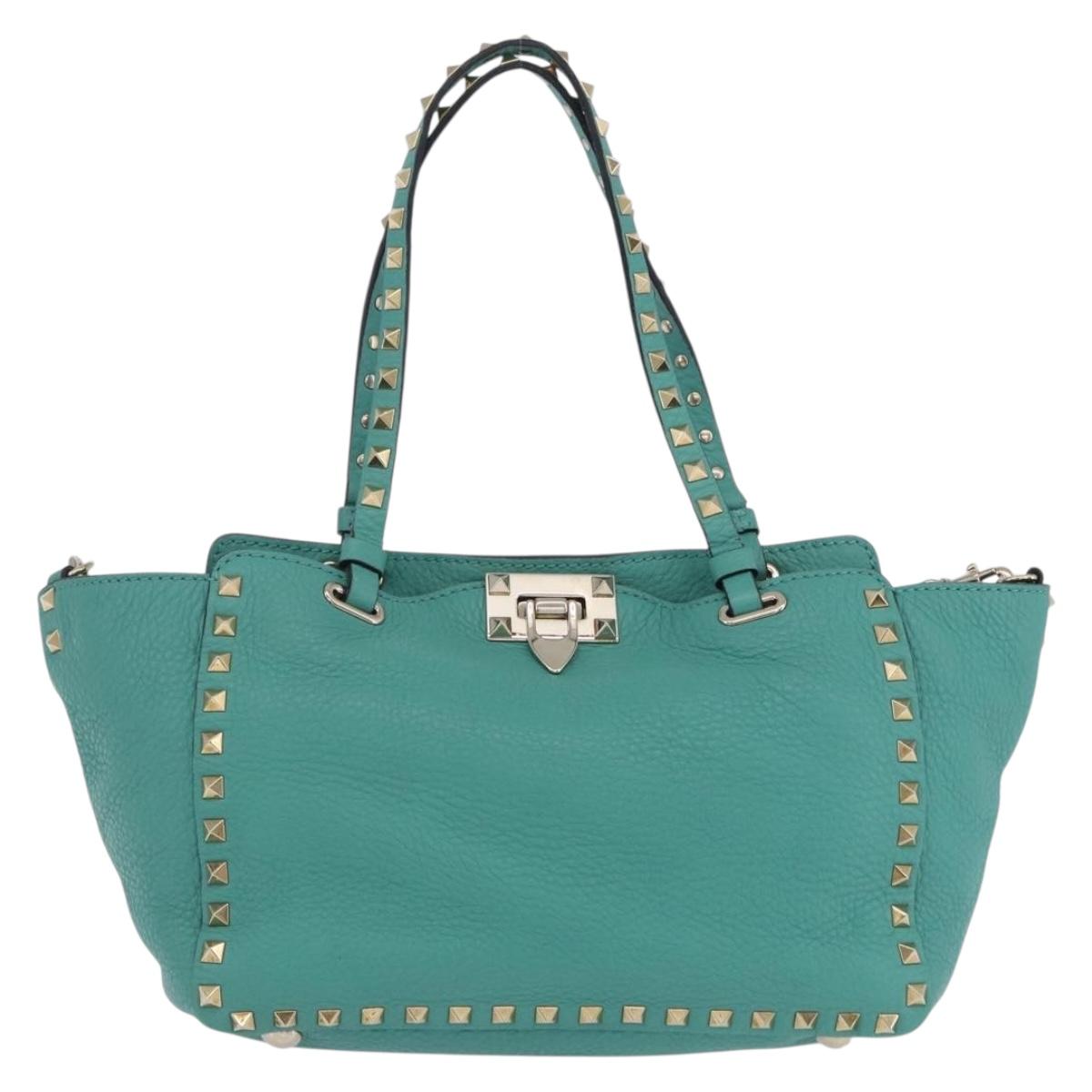 VALENTINO Studs Tote Bag Leather 2way Turquoise Blue Gold Auth BA15656A