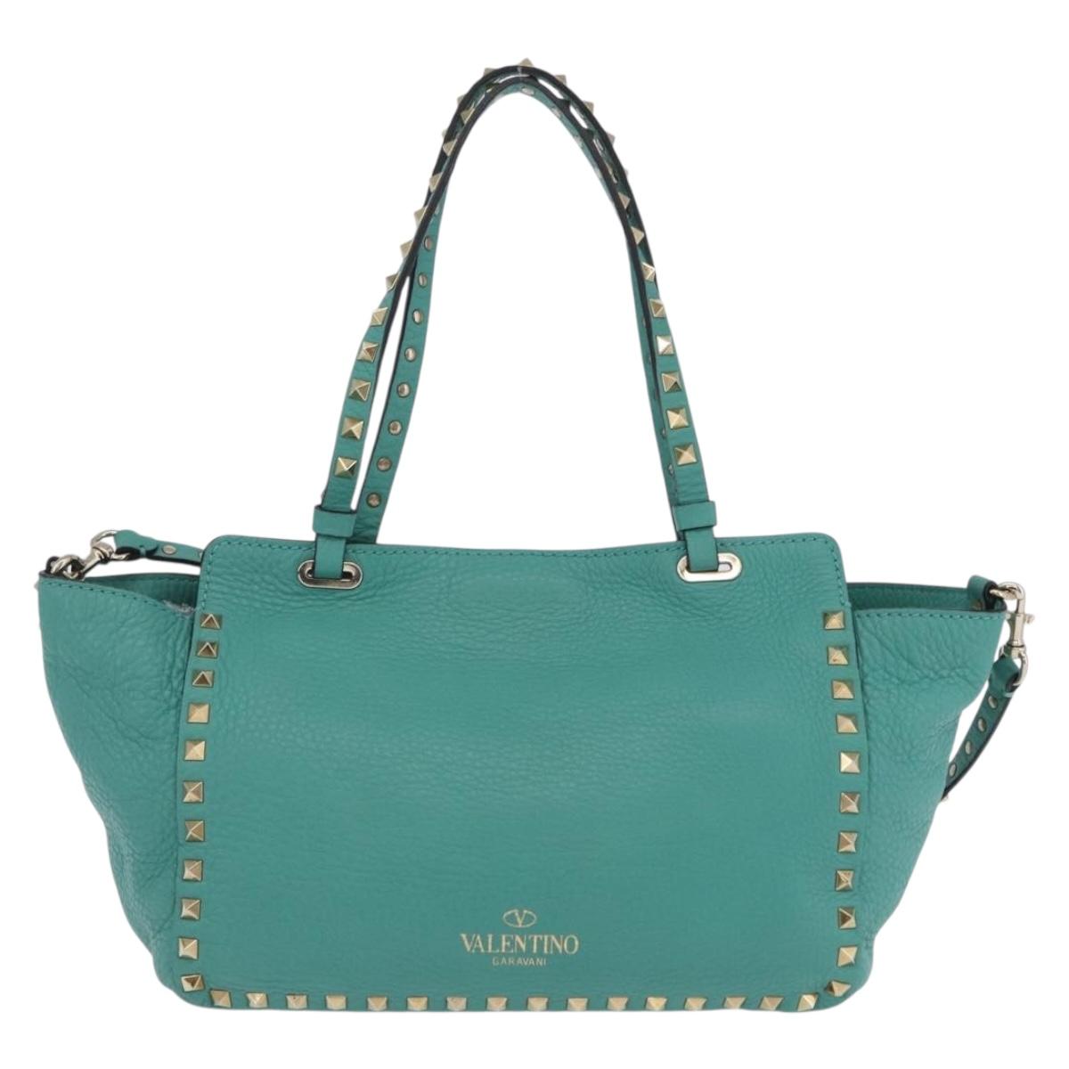 VALENTINO Studs Tote Bag Leather 2way Turquoise Blue Gold Auth BA15656A