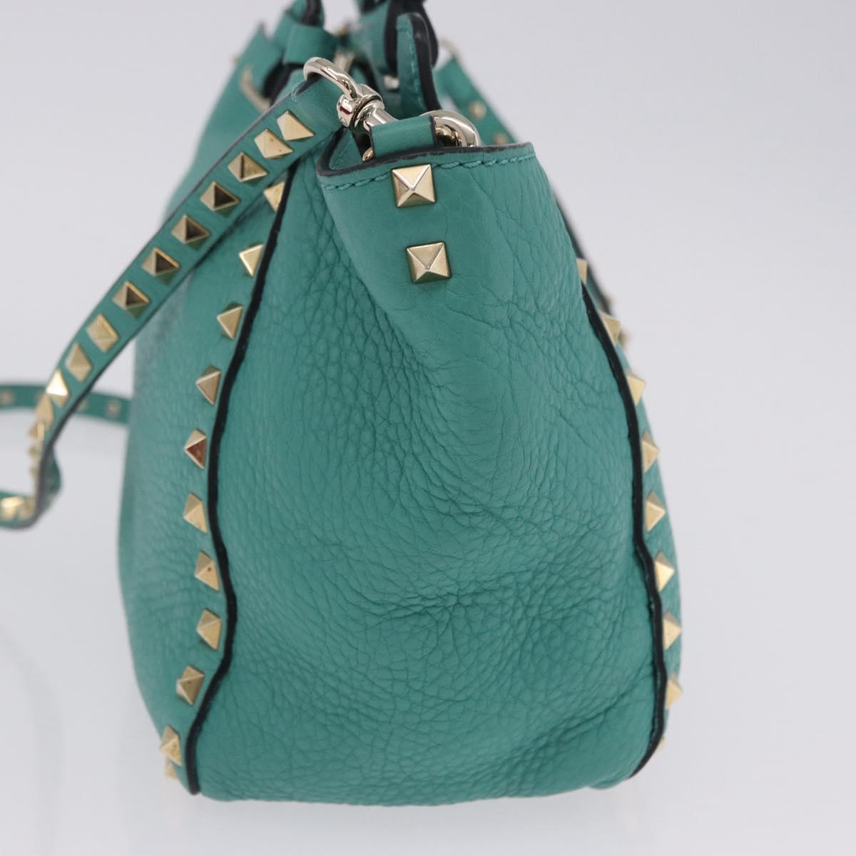 VALENTINO Studs Tote Bag Leather 2way Turquoise Blue Gold Auth BA15656A