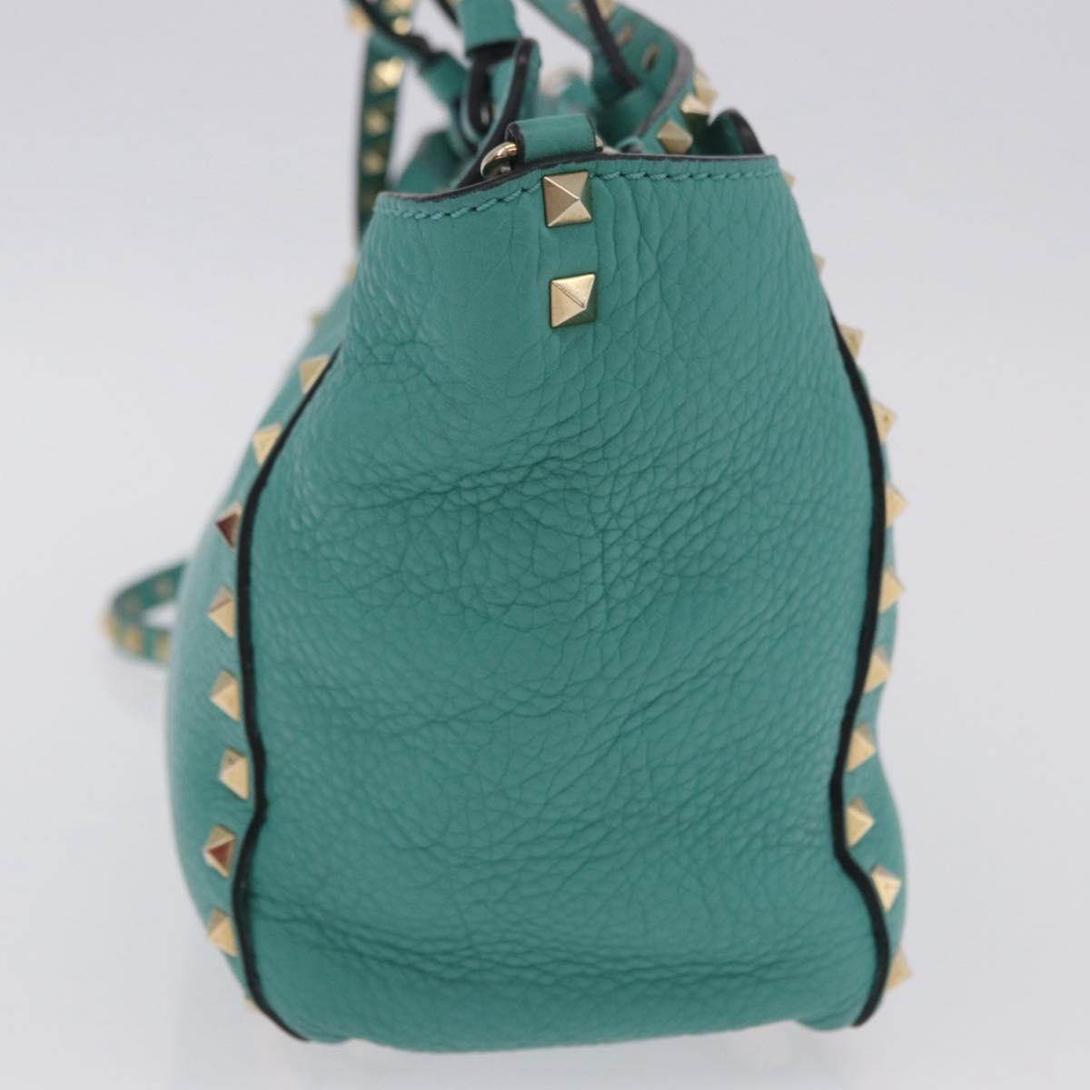 VALENTINO Studs Tote Bag Leather 2way Turquoise Blue Gold Auth BA15656A