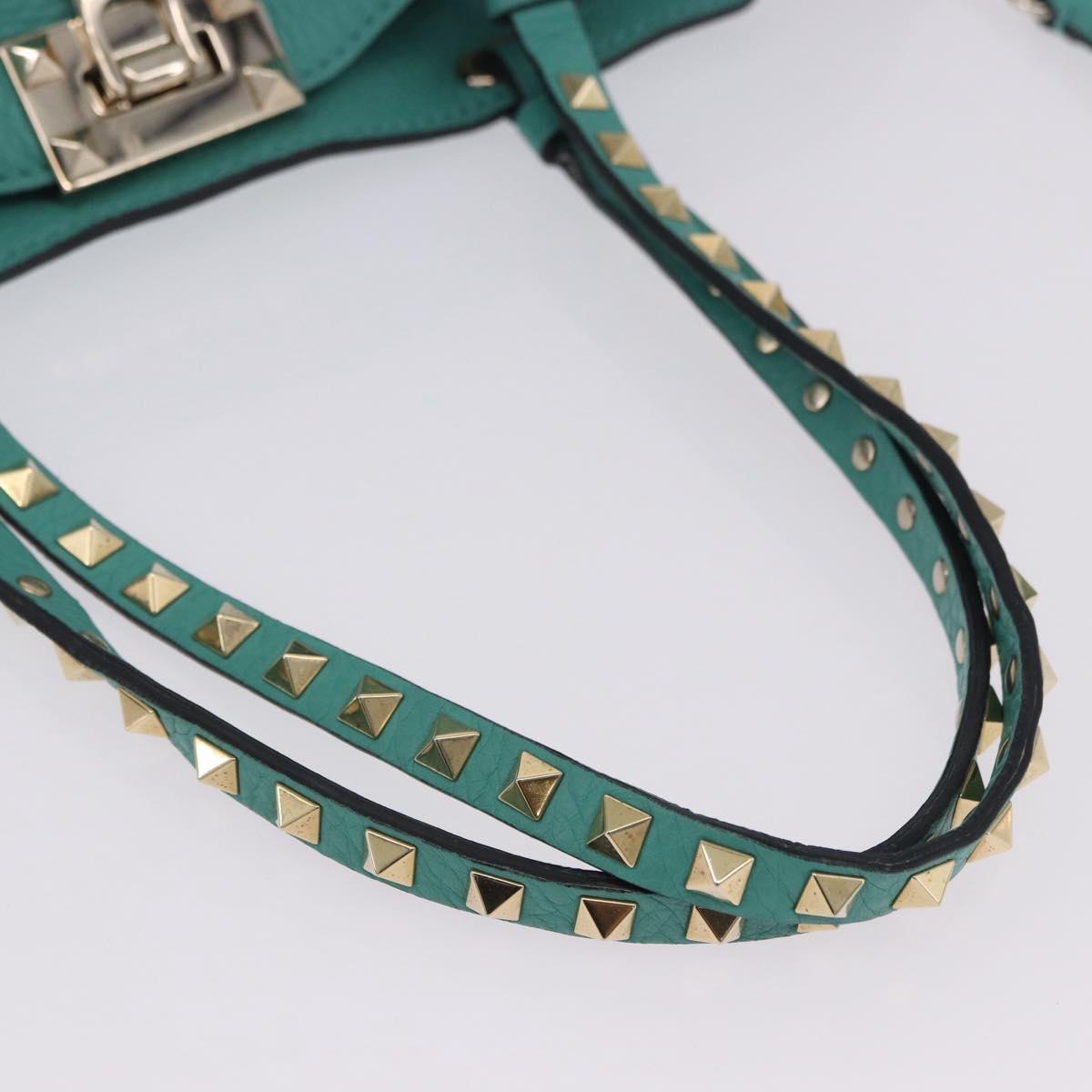 VALENTINO Studs Tote Bag Leather 2way Turquoise Blue Gold Auth BA15656A