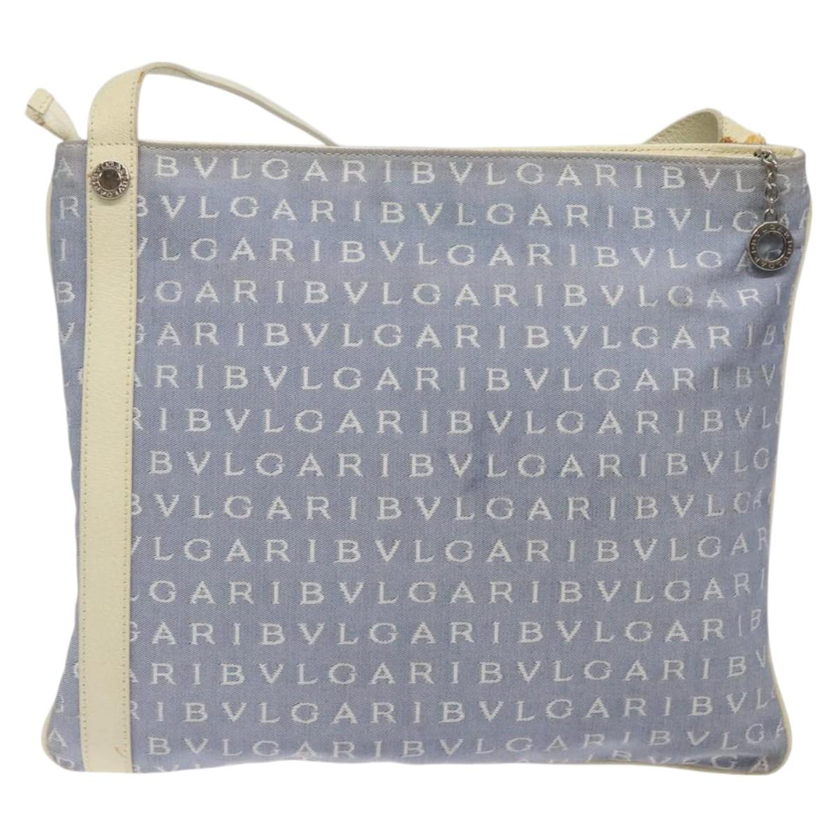 BVLGARI Logo Mania Shoulder Bag Nylon Light Blue Silver Auth BA1566