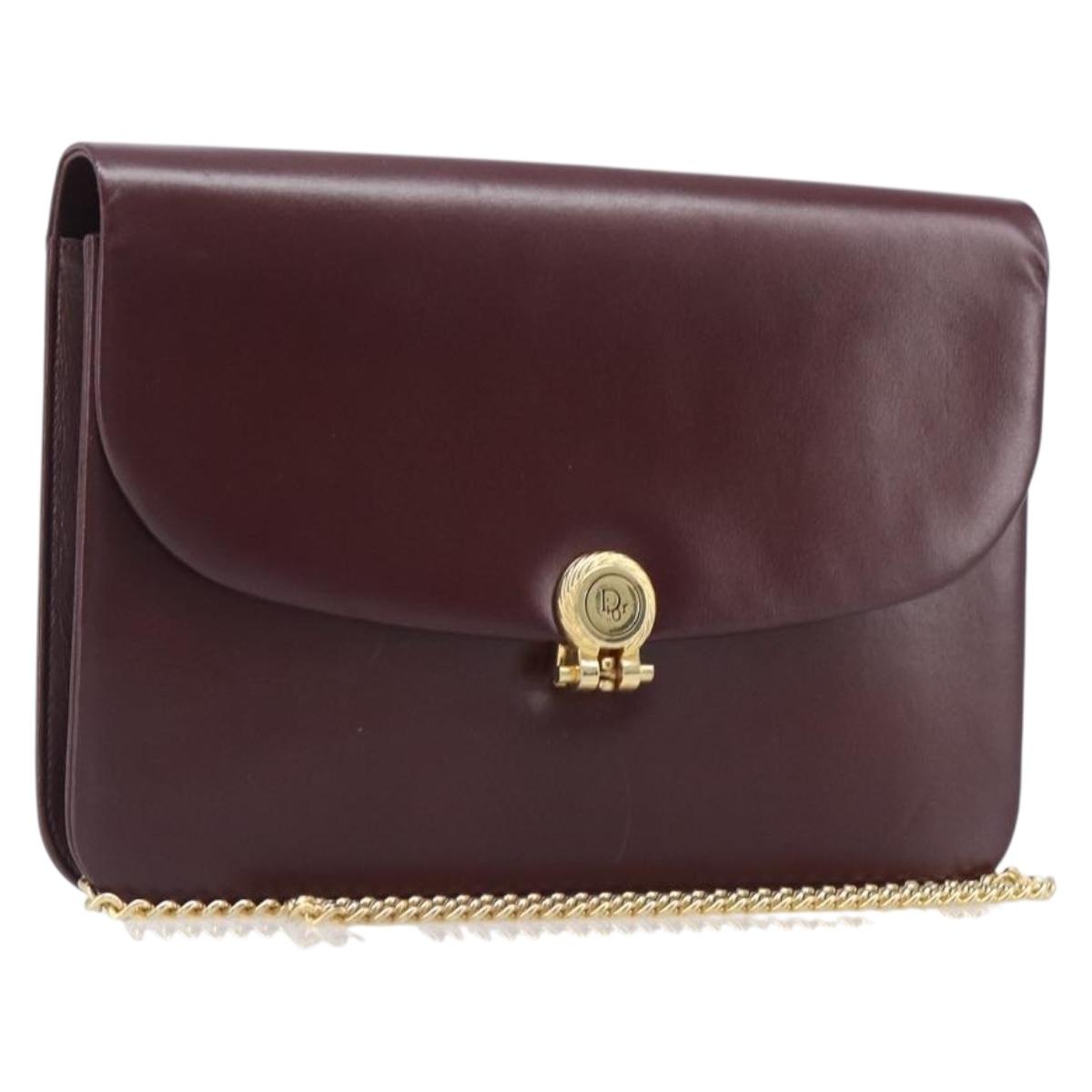 Christian Dior Chain Shoulder Bag Leather Bordeaux Gold Auth BA15709