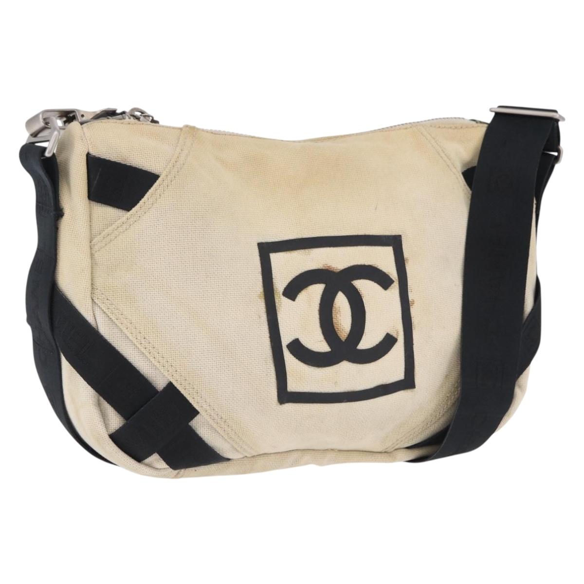 CHANEL Chanel Sports Shoulder Bag Canvas Beige Silver CC Auth BA15714
