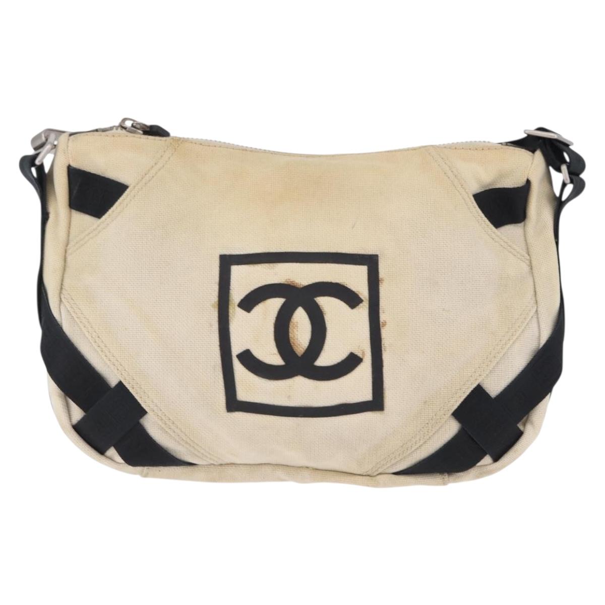 CHANEL Chanel Sports Shoulder Bag Canvas Beige Silver CC Auth BA15714