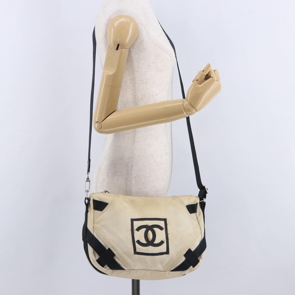 CHANEL Chanel Sports Shoulder Bag Canvas Beige Silver CC Auth BA15714