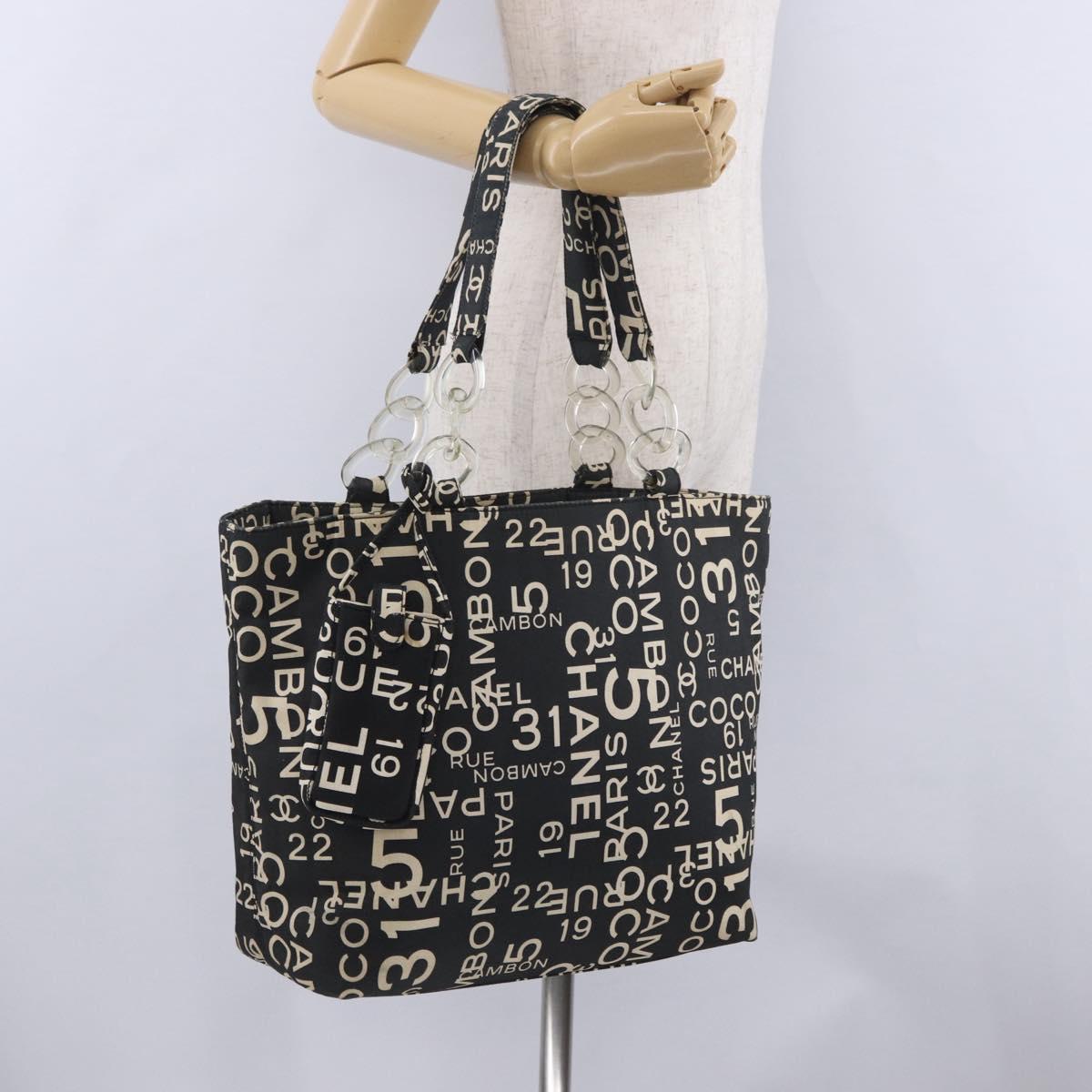 CHANEL Plastic Chain By Sea Line Tote Bag Canvas Black Silver CC Auth BA15716