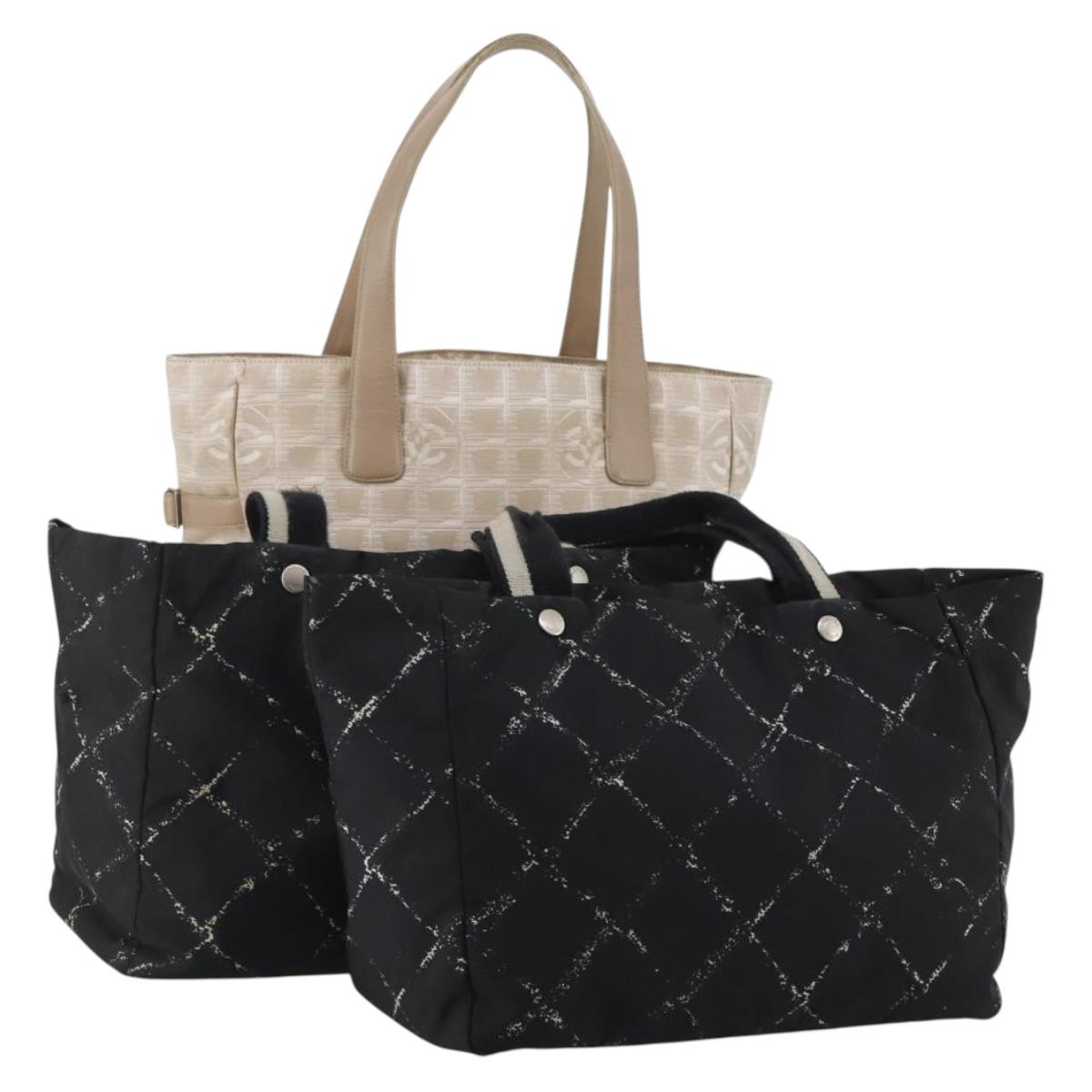 CHANEL New Travel Line Tote Bag Nylon 3 Set Black Beige CC Auth BA15740