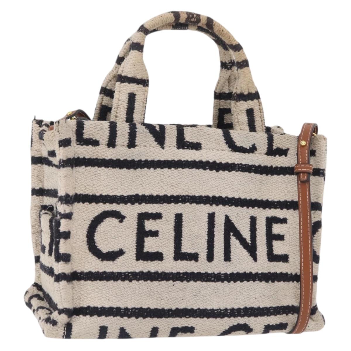 CELINE Small Cabas Tice Hand Bag Canvas 2way White Gold Auth BA15751