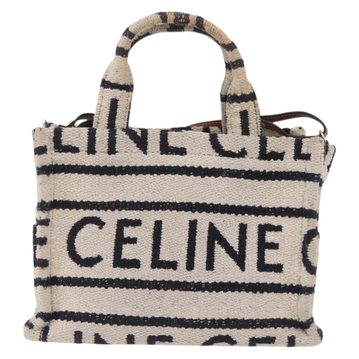 CELINE Small Cabas Tice Hand Bag Canvas 2way White Gold Auth BA15751
