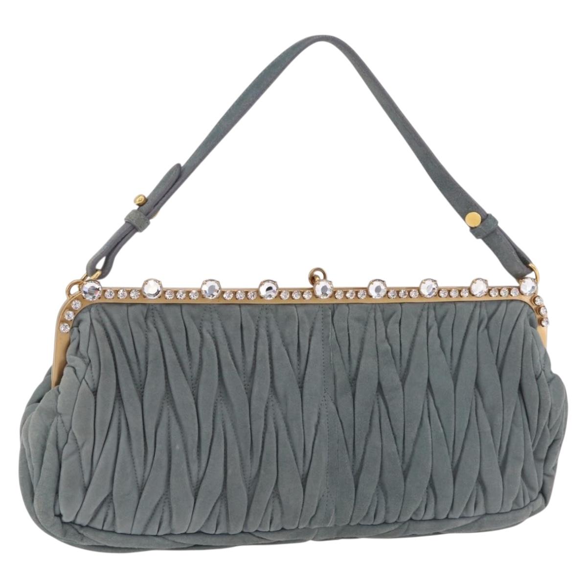 Miu Miu Matelasse Rhinestone Shoulder Bag Suede Gray Gold Auth BA15755V