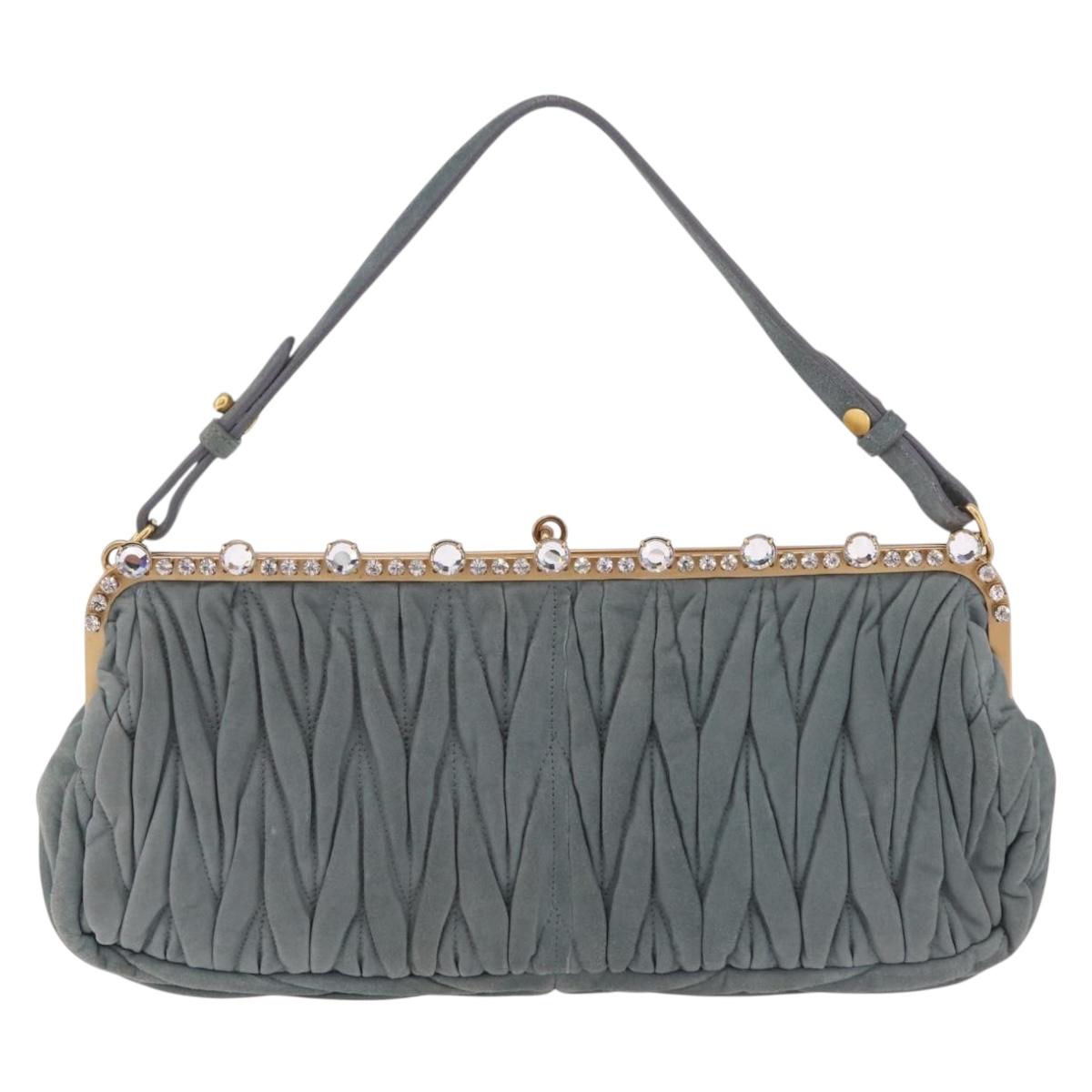 Miu Miu Matelasse Rhinestone Shoulder Bag Suede Gray Gold Auth BA15755V