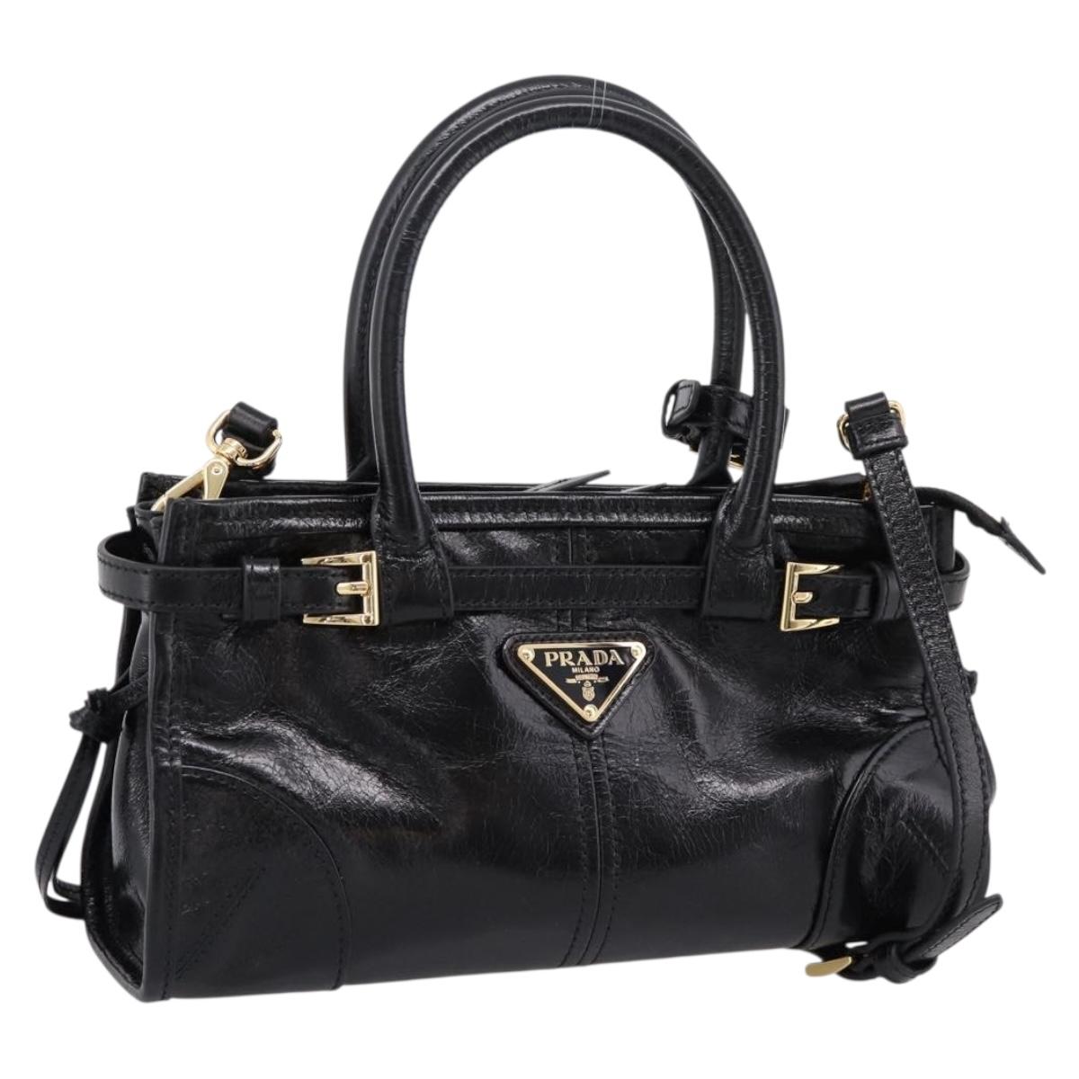 PRADA Bonnie Hand Bag Leather 2way Black Gold Auth BA15756SAM