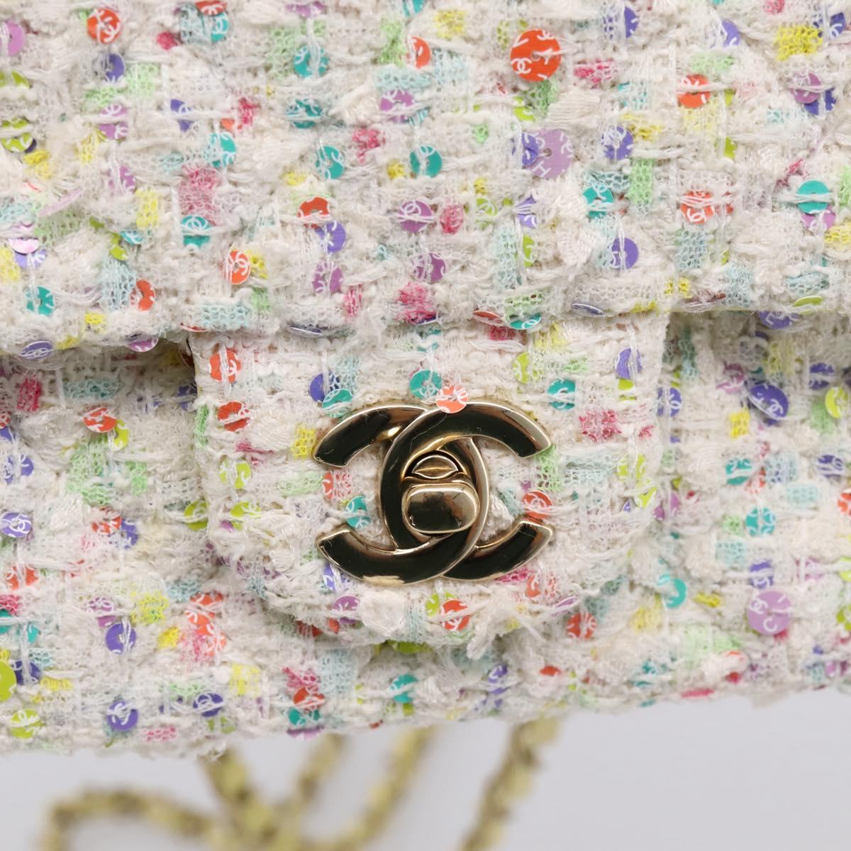 CHANEL Mini Matelasse 20 Single Flap Chain Bag Tweed White CC Auth BA15757SM