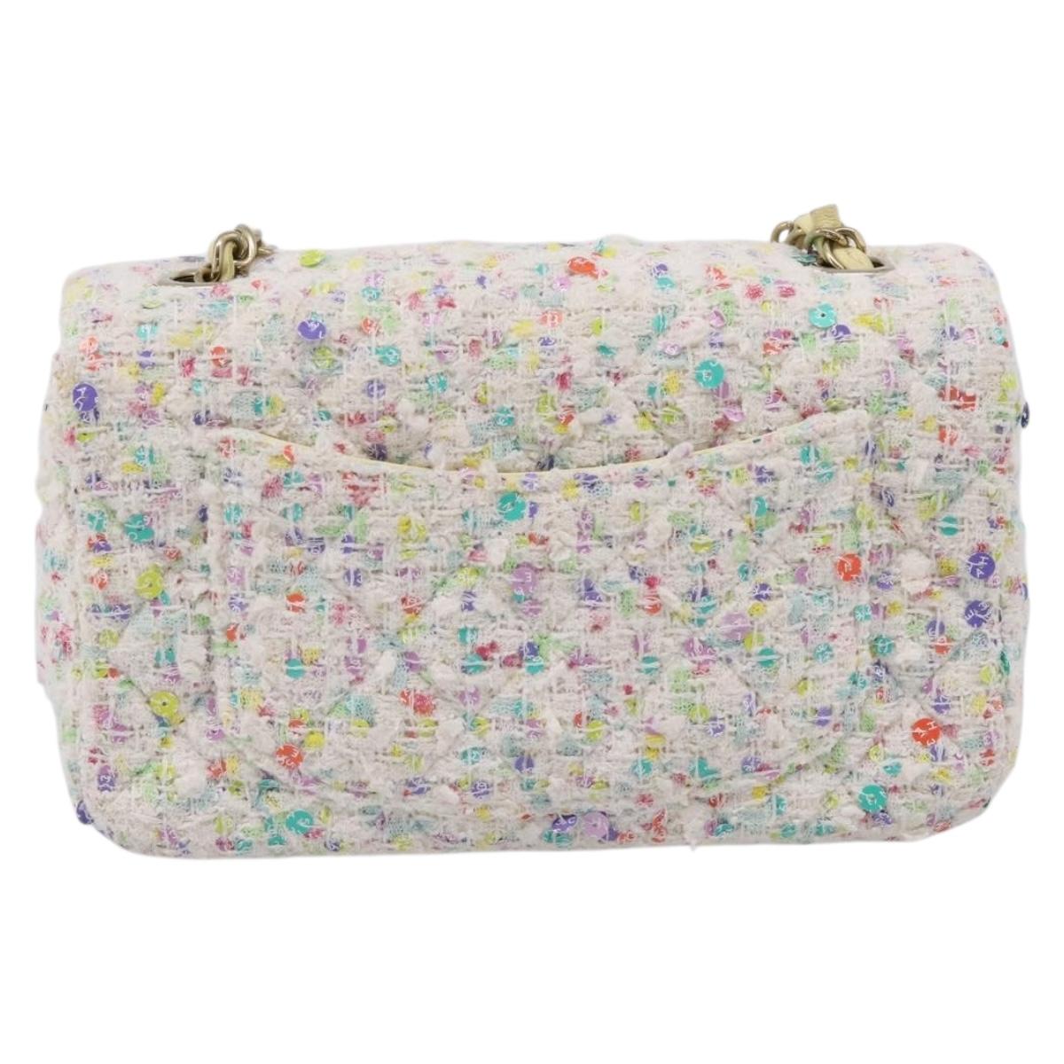 CHANEL Mini Matelasse 20 Single Flap Chain Bag Tweed White CC Auth BA15757SM