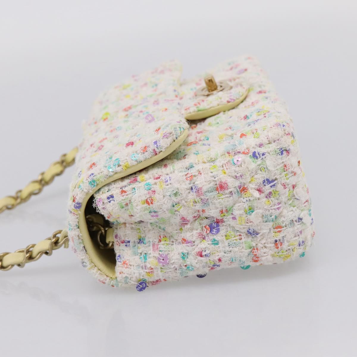 CHANEL Mini Matelasse 20 Single Flap Chain Bag Tweed White CC Auth BA15757SM