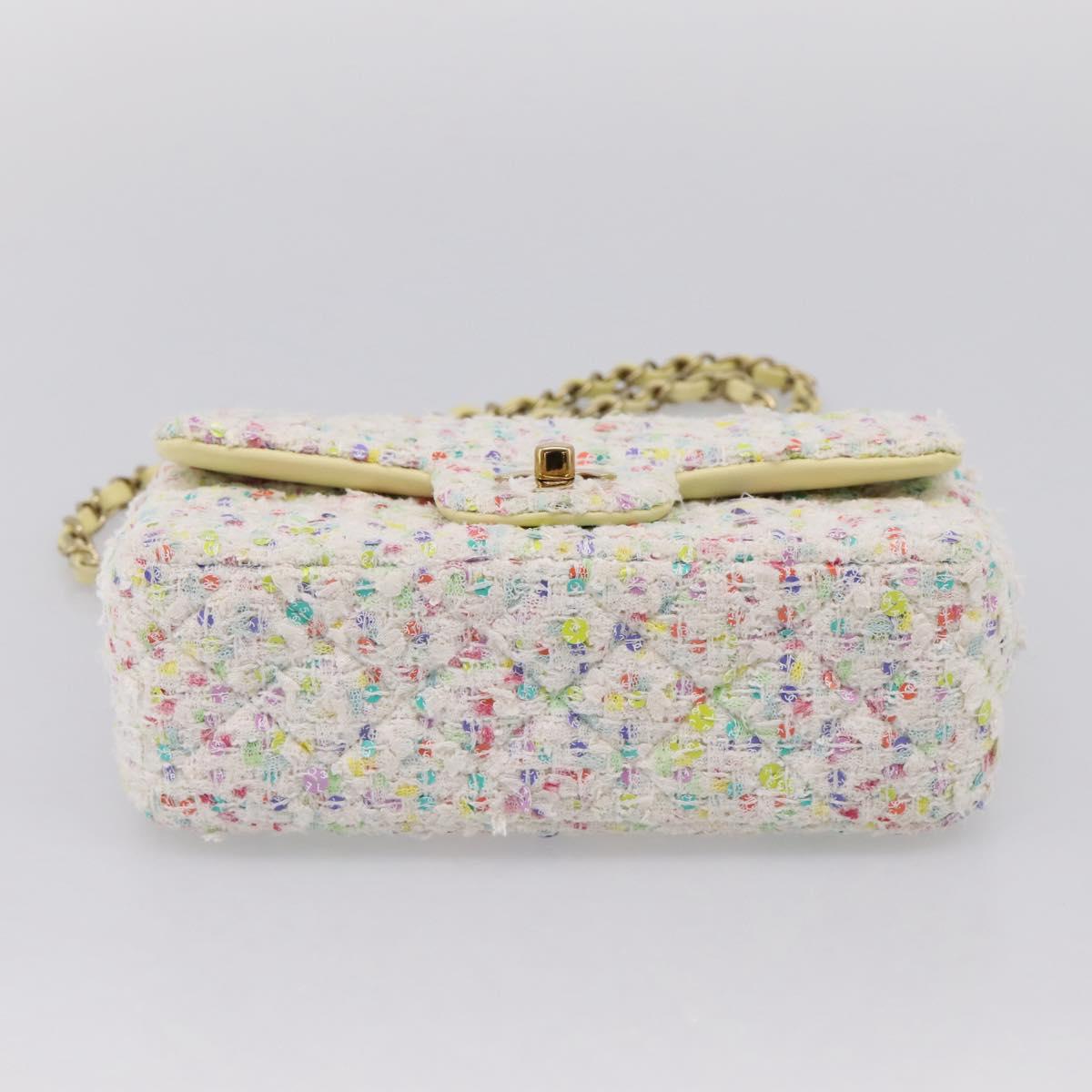 CHANEL Mini Matelasse 20 Single Flap Chain Bag Tweed White CC Auth BA15757SM