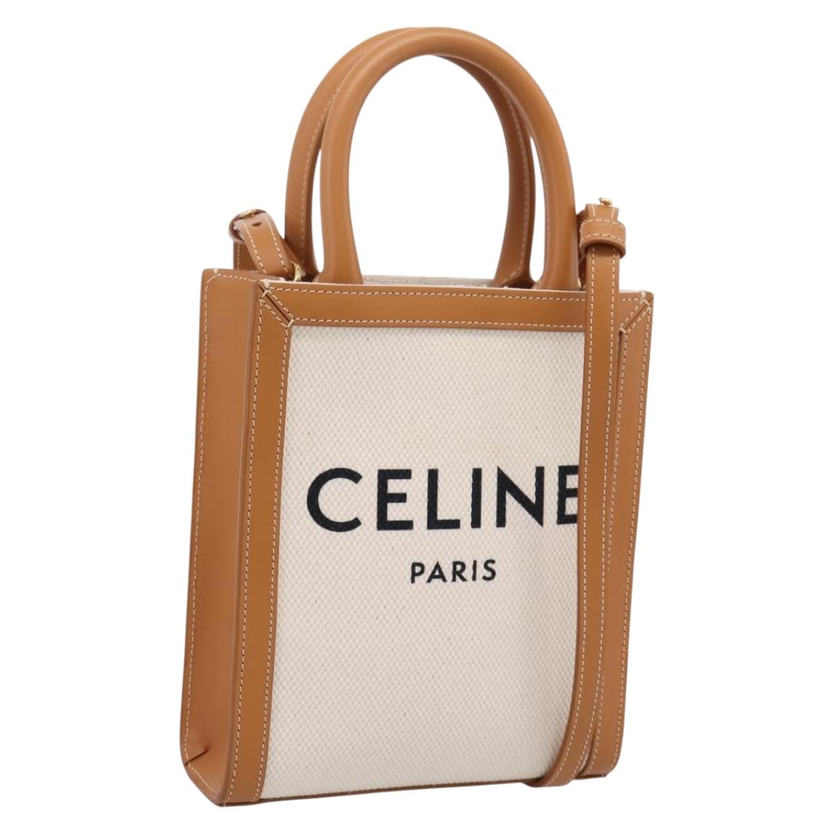 CELINE Mini Vertical Cabas Hand Bag Canvas 2way White Gold Auth BA15762M