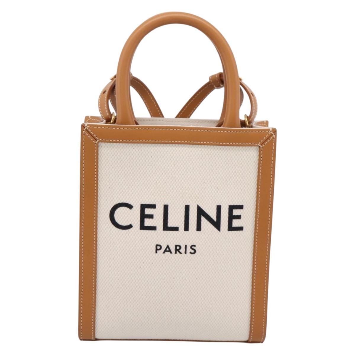 CELINE Mini Vertical Cabas Hand Bag Canvas 2way White Gold Auth BA15762M