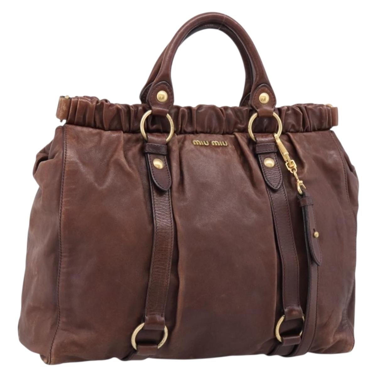 Miu Miu Hand Bag Leather 2way Brown Gold Auth BA15765V