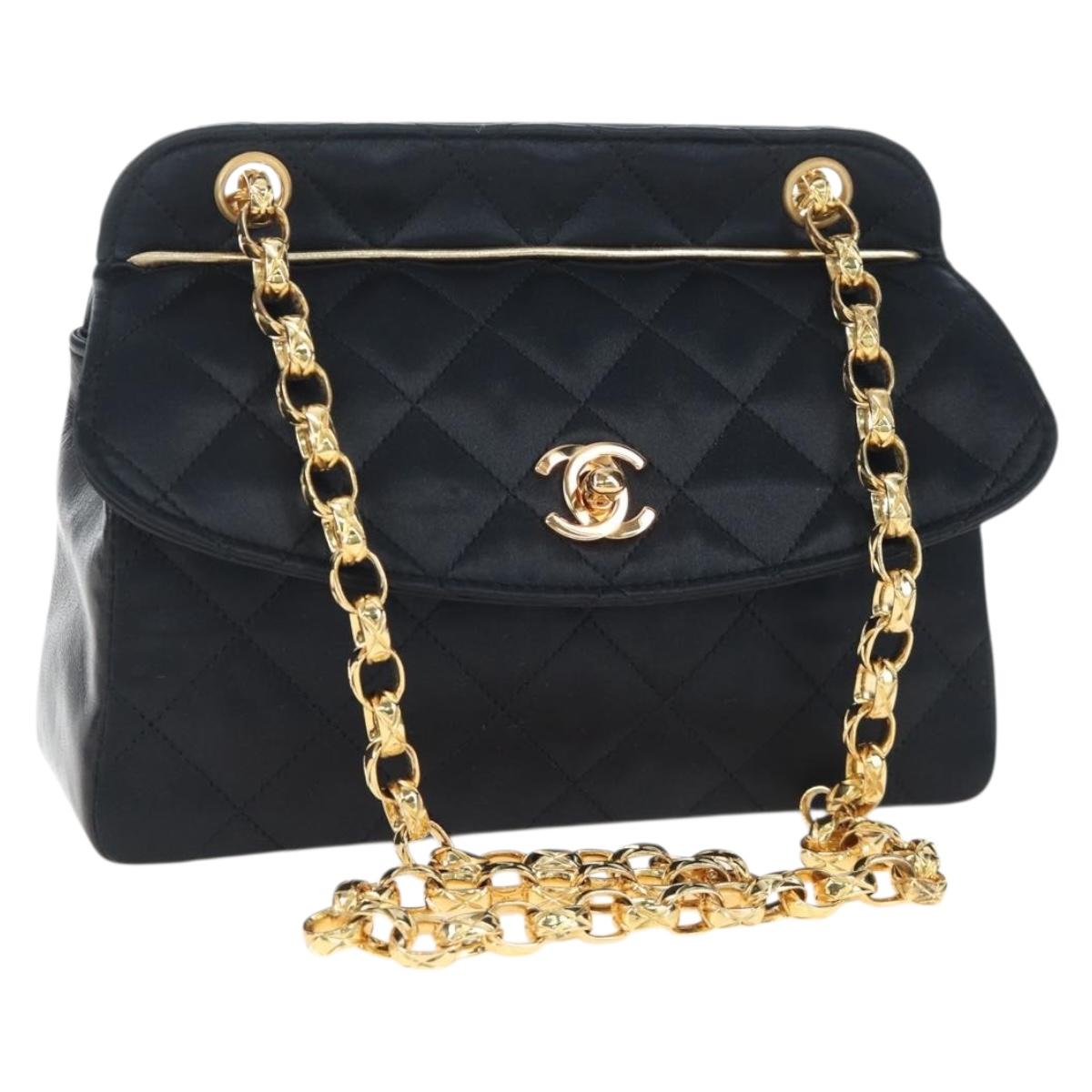 CHANEL Matelasse Chain Shoulder Bag Satin Black Gold CC Auth BA15768SAM