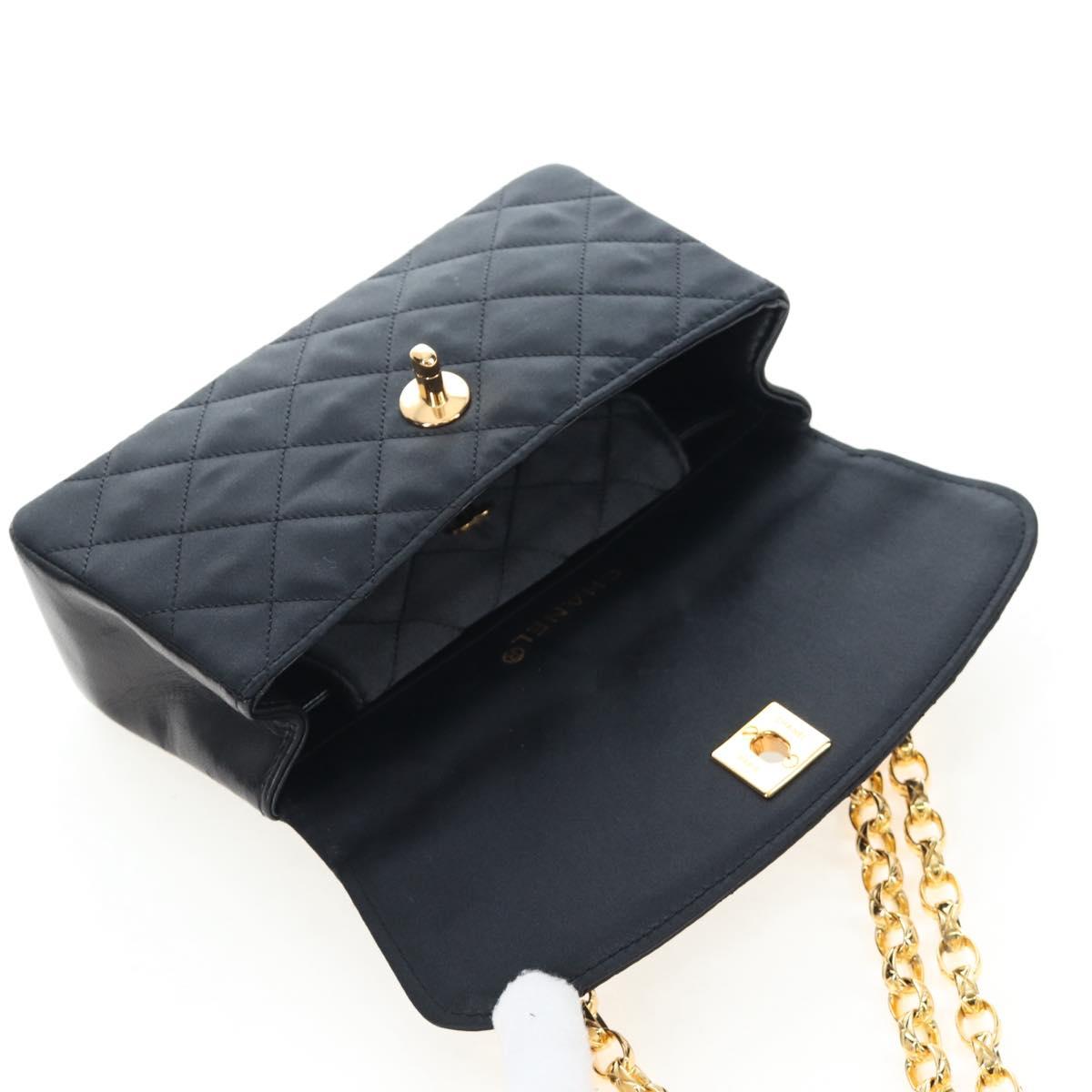 CHANEL Matelasse Chain Shoulder Bag Satin Black Gold CC Auth BA15768SAM