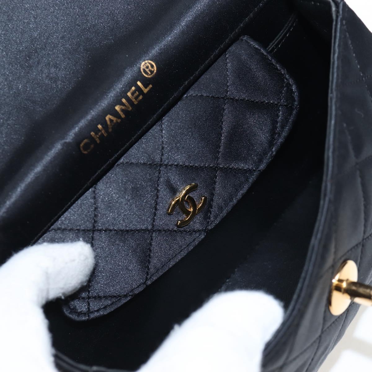 CHANEL Matelasse Chain Shoulder Bag Satin Black Gold CC Auth BA15768SAM