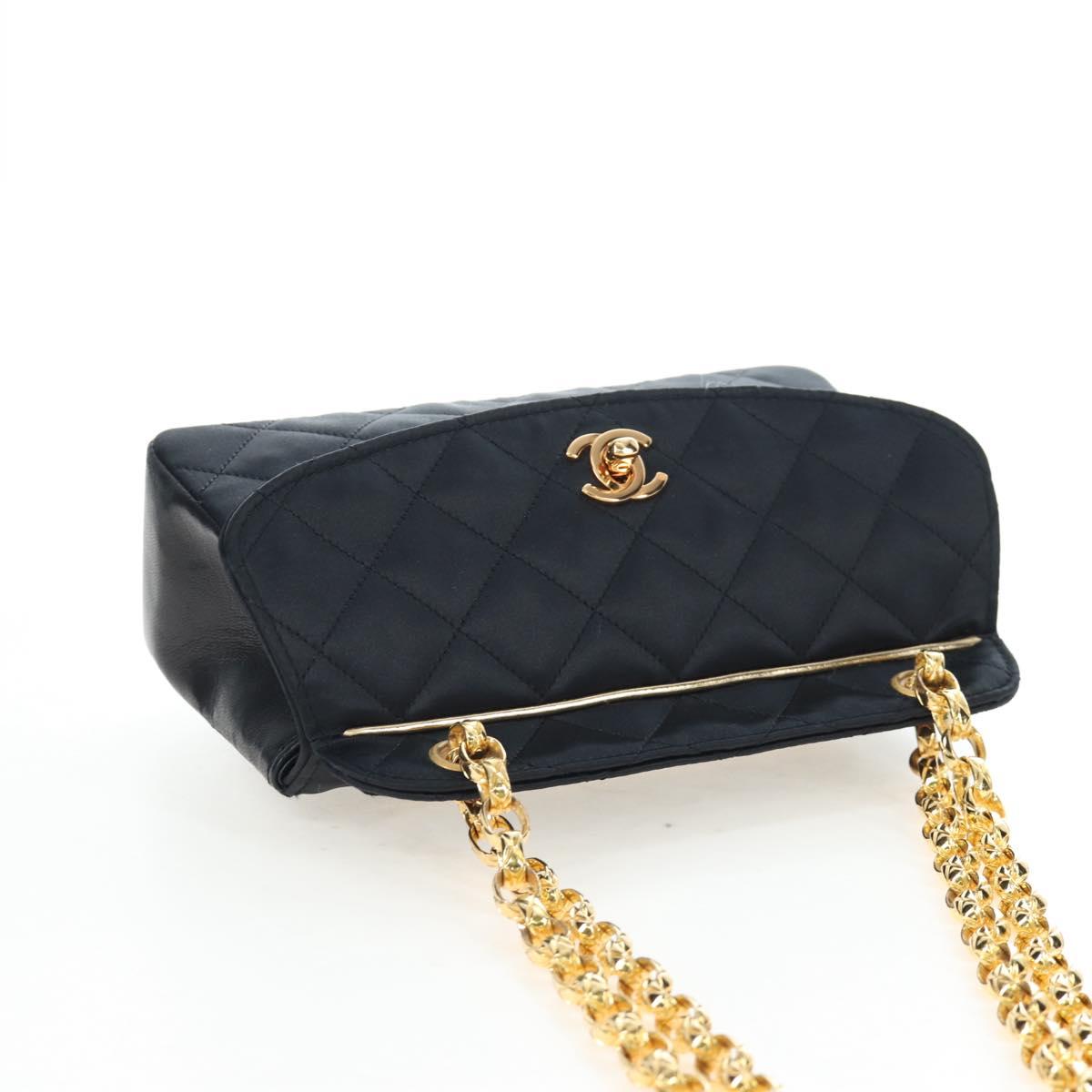 CHANEL Matelasse Chain Shoulder Bag Satin Black Gold CC Auth BA15768SAM