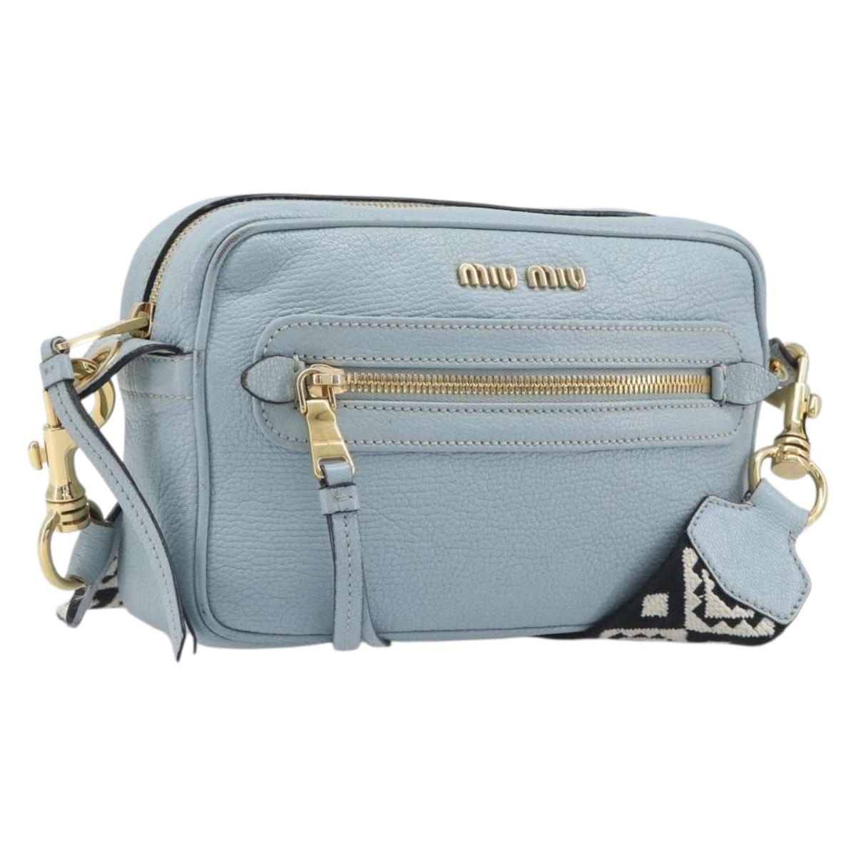 Miu Miu Madras Shoulder Bag Leather Light Blue Gold Auth BA15779