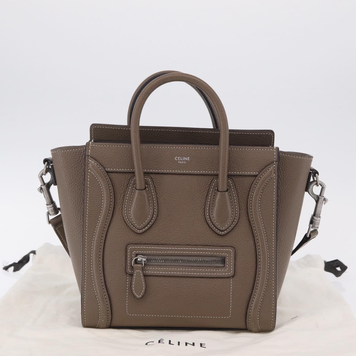 CELINE Luggage Nano Shopper Hand Bag Leather 2way Beige Silver Auth BA15791V