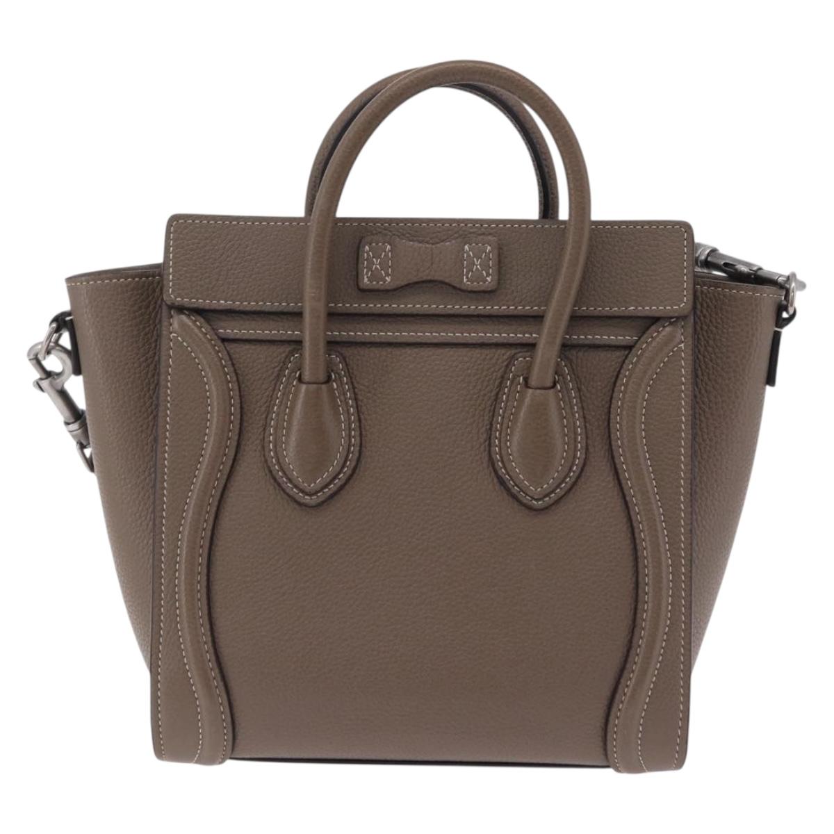 CELINE Luggage Nano Shopper Hand Bag Leather 2way Beige Silver Auth BA15791V