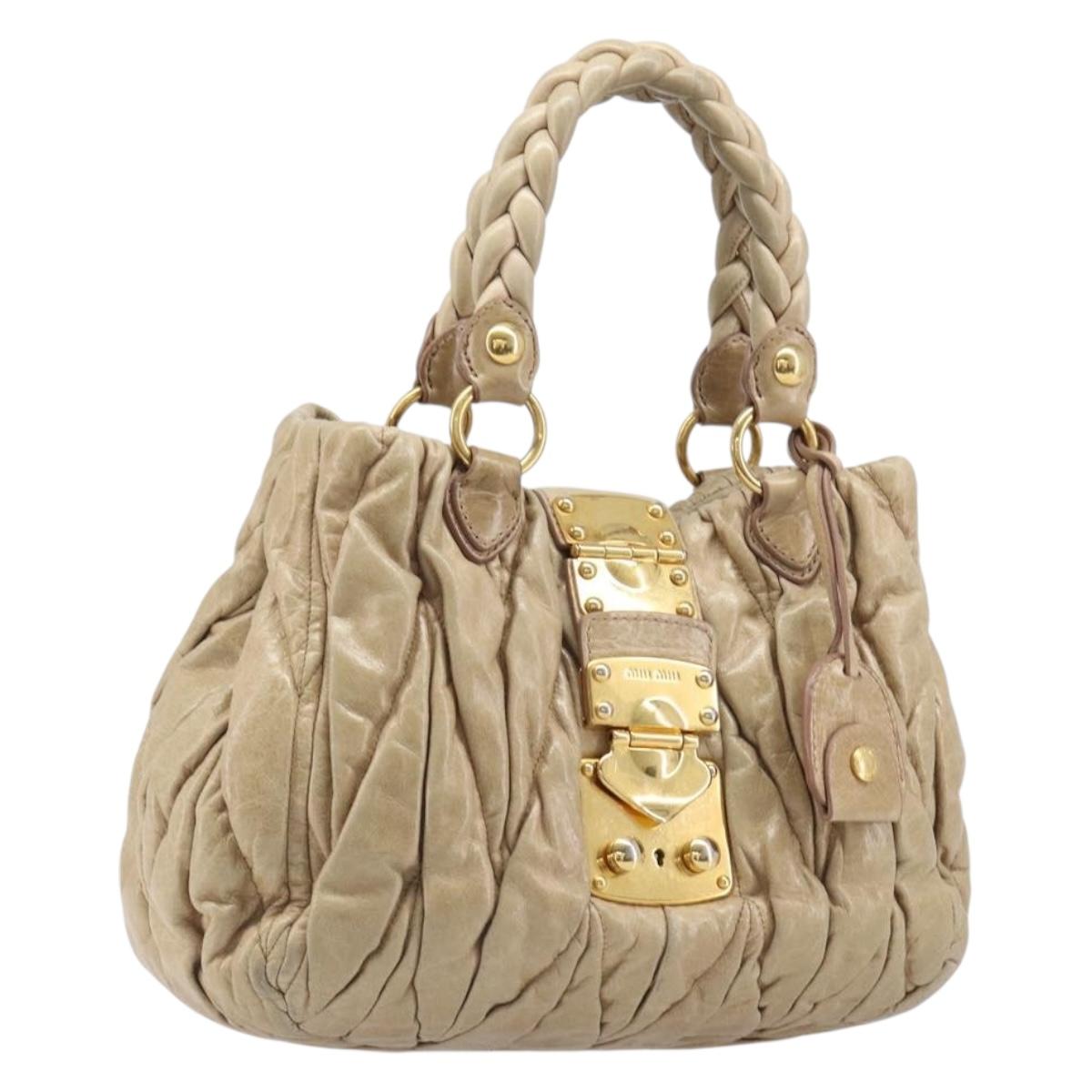 Miu Miu Matelasse Hand Bag Leather Beige Gold Auth BA15801V