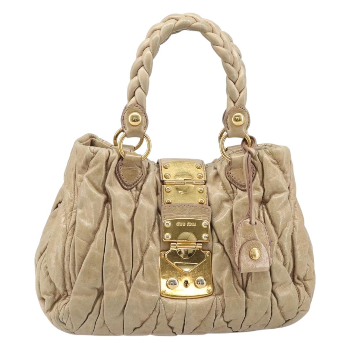 Miu Miu Matelasse Hand Bag Leather Beige Gold Auth BA15801V