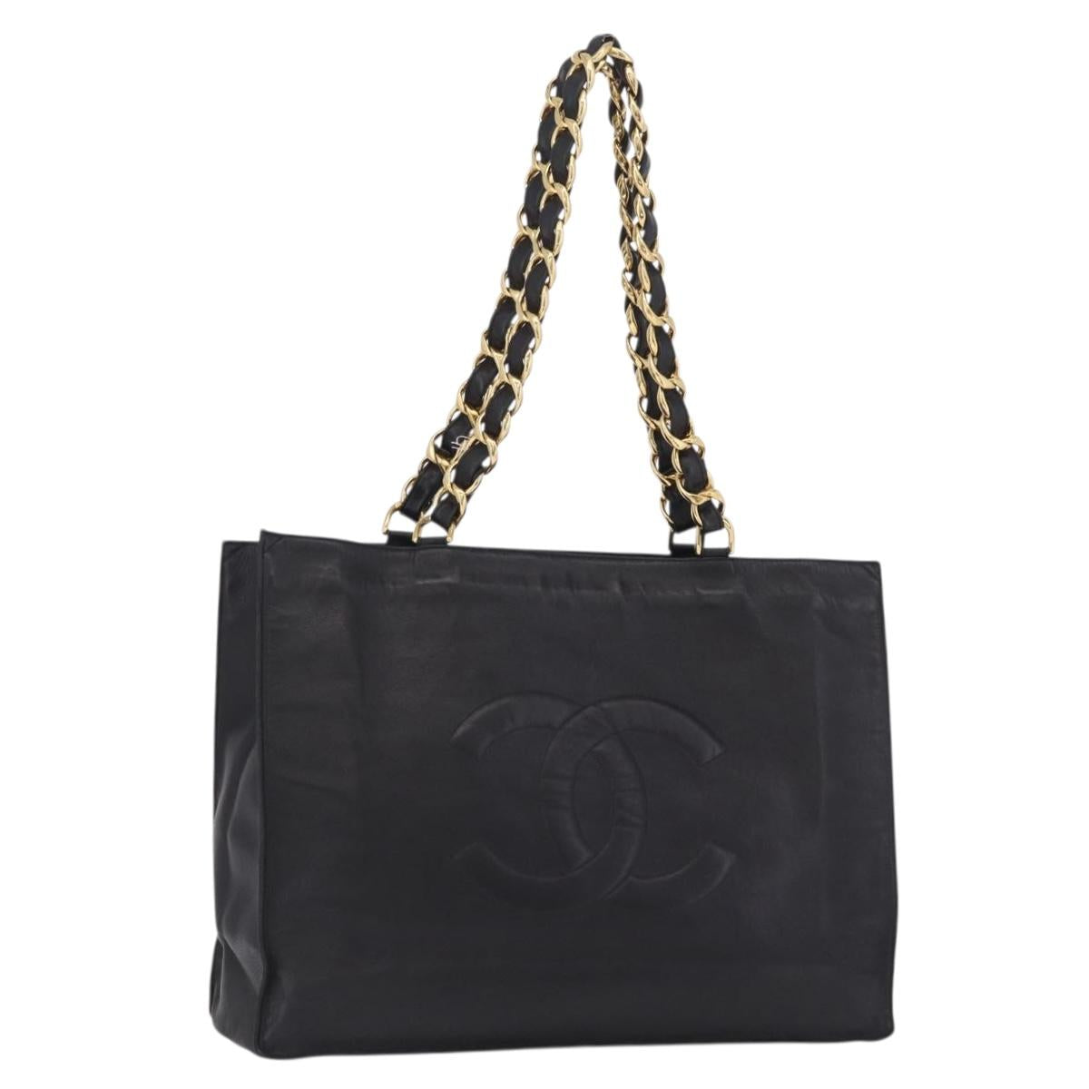 CHANEL Chain Big COCO Mark Tote Bag Lamb Skin Black Gold CC Auth BA15804V