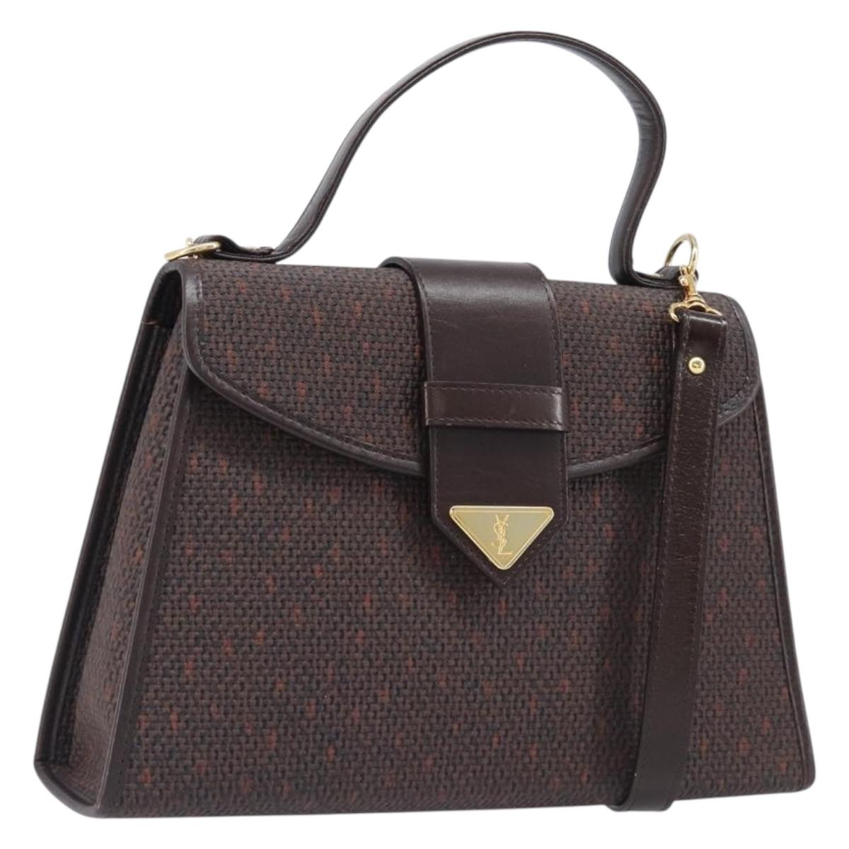 SAINT LAURENT Hand Bag PVC Canvas 2way Brown Gold Auth BA15808A