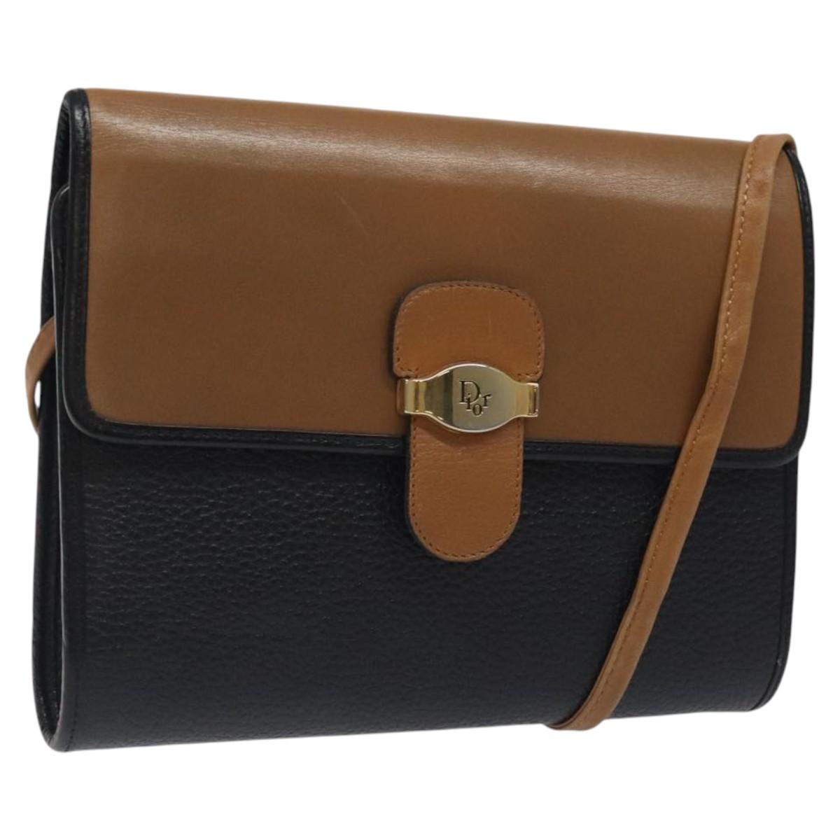 Christian Dior Shoulder Bag Leather Black Brown gold Auth BA1582