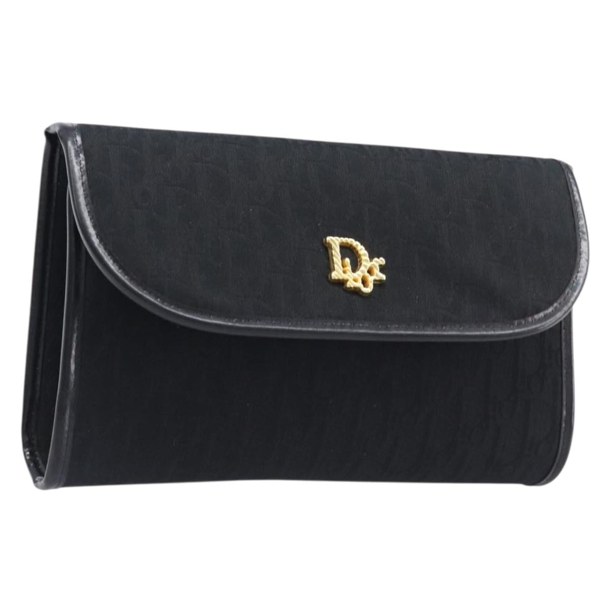 Christian Dior Trotter Canvas Chain Shoulder Bag Black Gold Auth BA15821