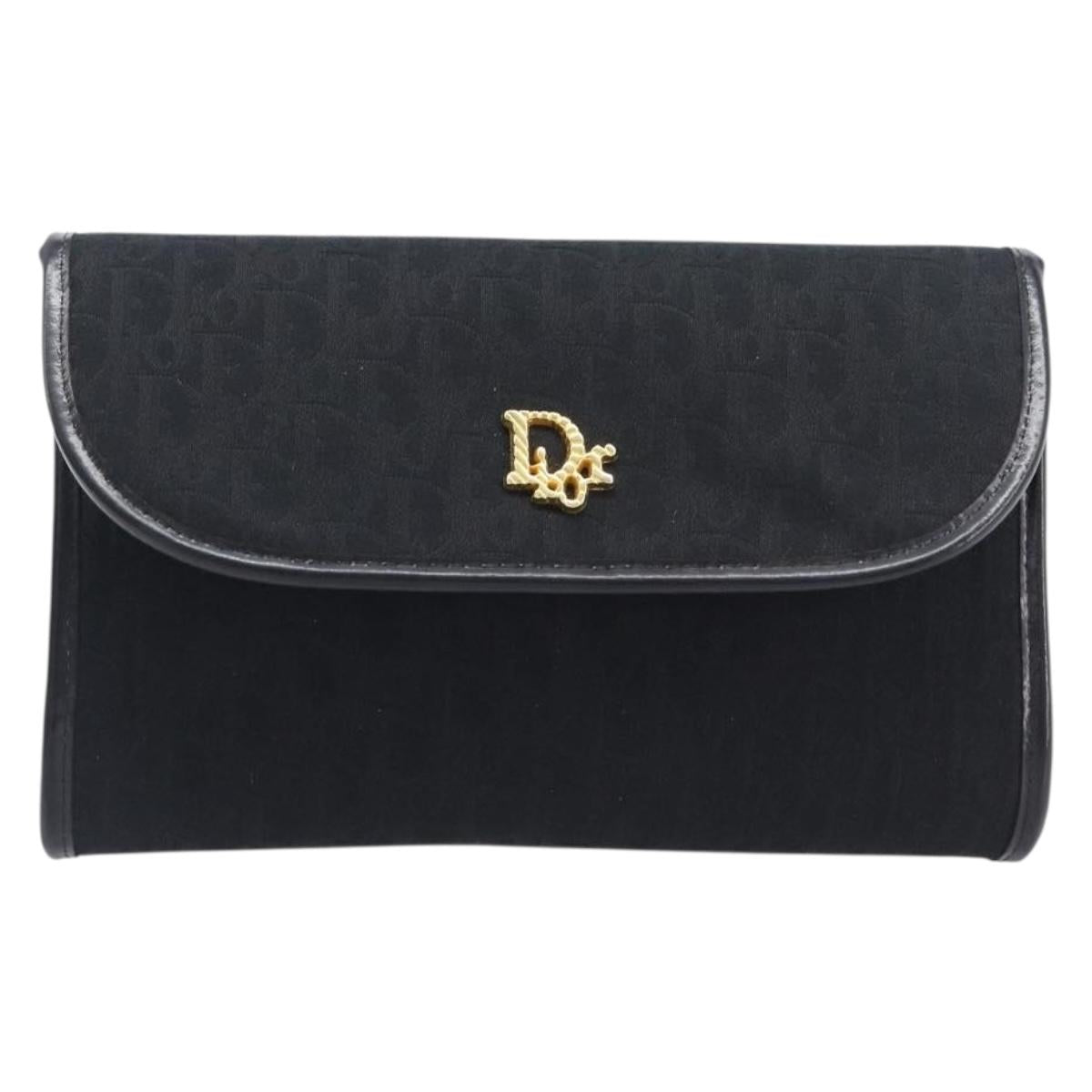 Christian Dior Trotter Canvas Chain Shoulder Bag Black Gold Auth BA15821