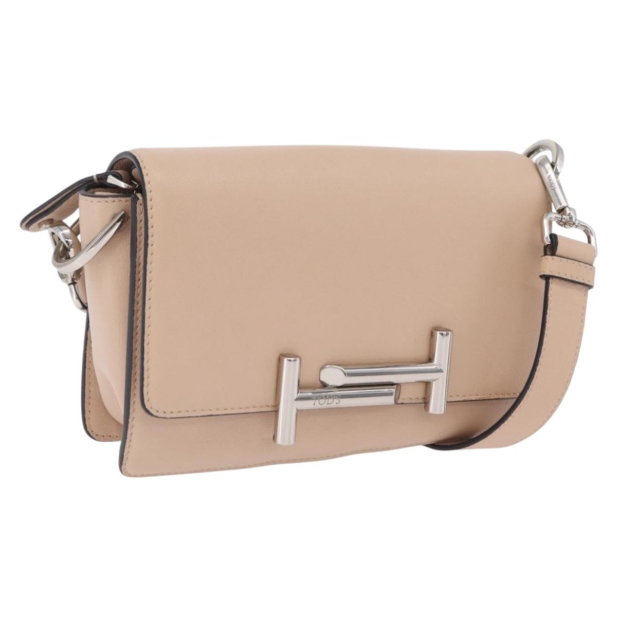 TOD'S Shoulder Bag Leather Beige Silver Auth BA15833V